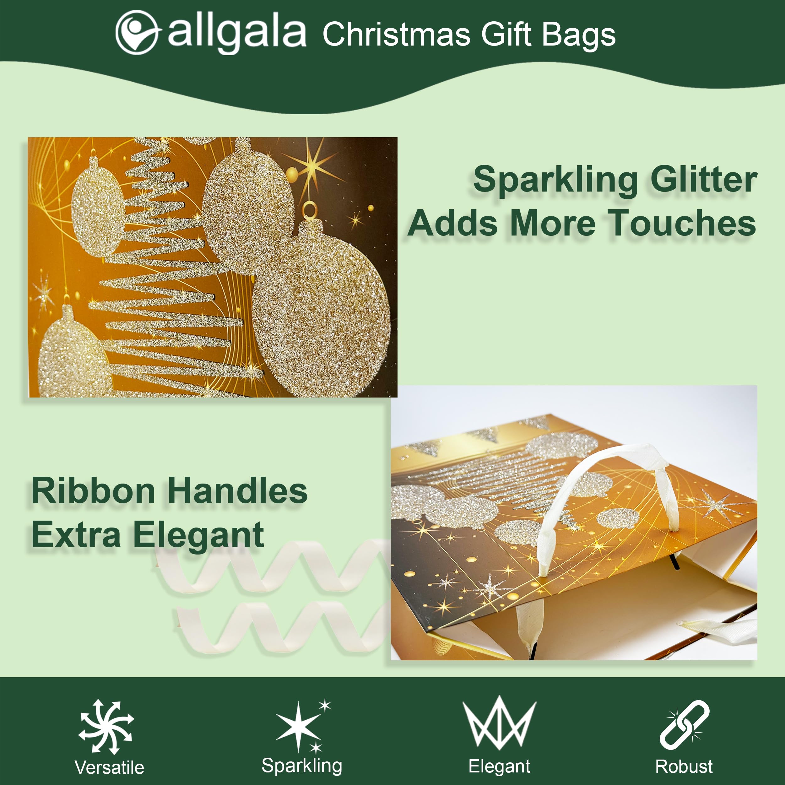 Allgala 12-Pack Premium Golden Christmas Gift Bags - 13 Inch Heavy Stock Paper Holiday Gift Bags with Festive Prints - Perfect for Christmas Party Favors, Holiday Gift Wrapping & Secret Santa Exchanges