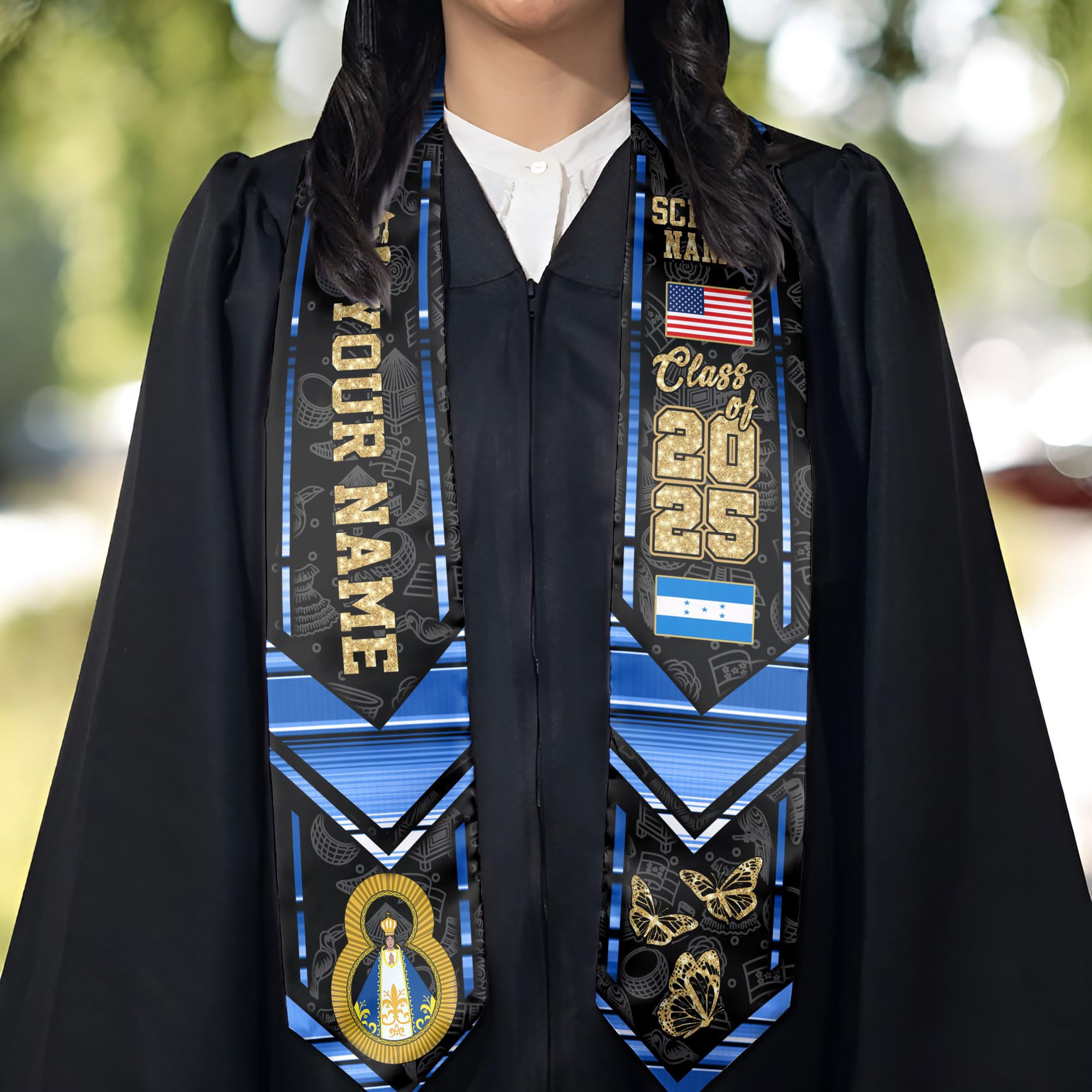 Custom Honduras Graduation Stole with Honduran American Flag Design - Personalized 2025 Graduation Sash for Commencement Ceremonies & Cultural Celebrations
