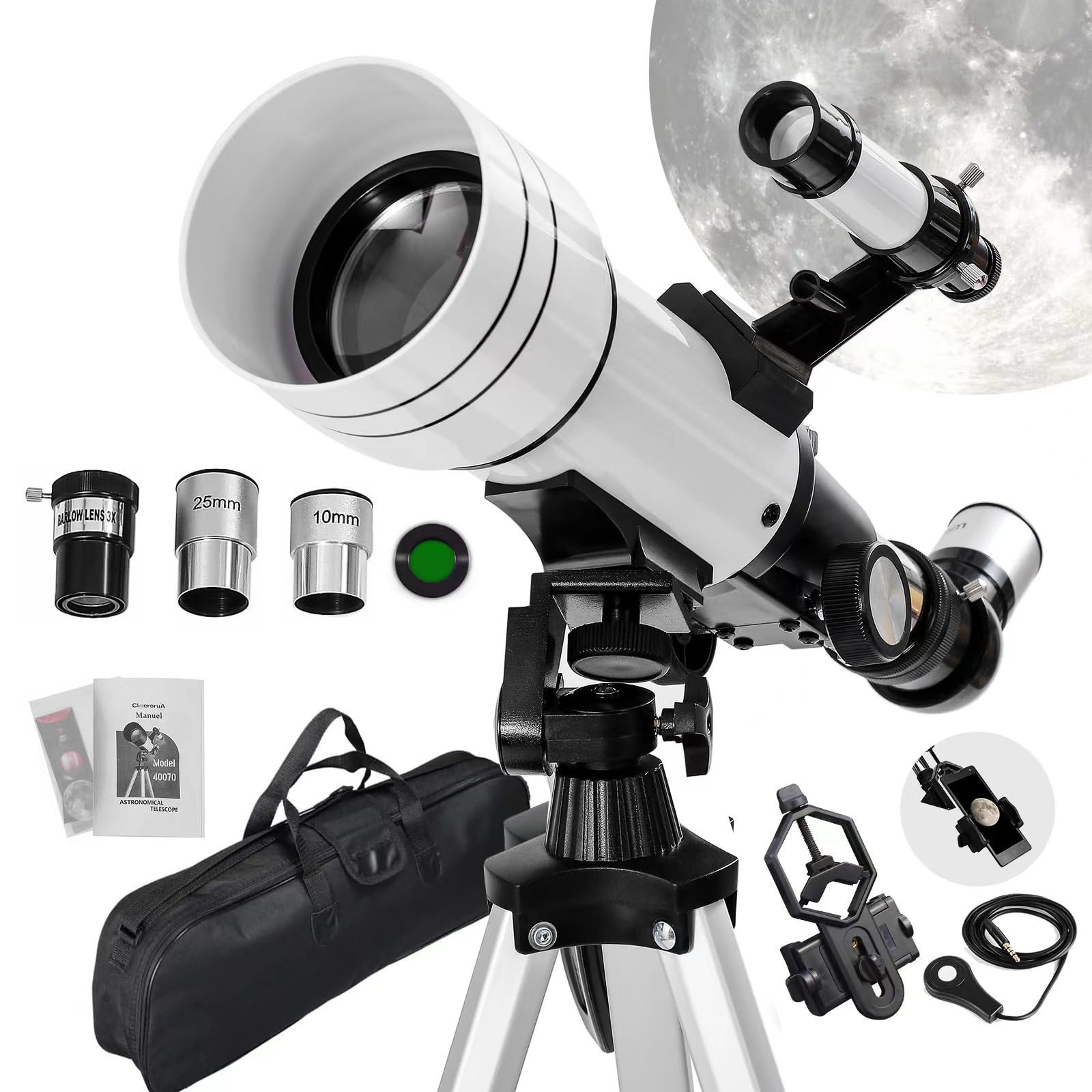 ClaeroruA 70/400mm Astronomical Telescope for Adults & Beginners - Portable Refractor Telescope with Phone Adapter & Tripod - Perfect for Stargazing, Moon Observation & Astronomy Learning