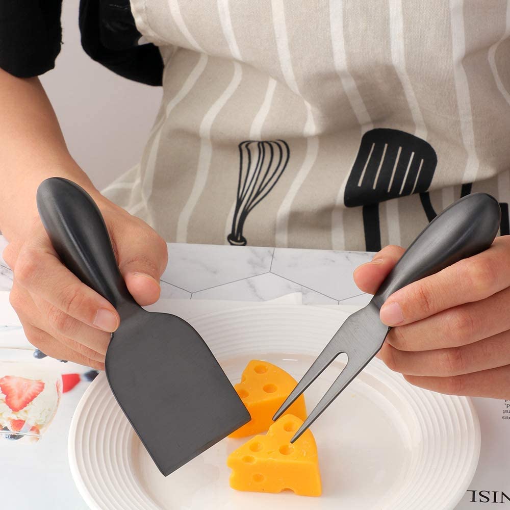 Premium 4-Piece Stainless Steel Cheese Knife Set - Black Mini Cheese Knives for Charcuterie Boards, Cheese Spreaders with Gift Box - Perfect for Wine Parties, Cheese Tastings & Holiday Gifting