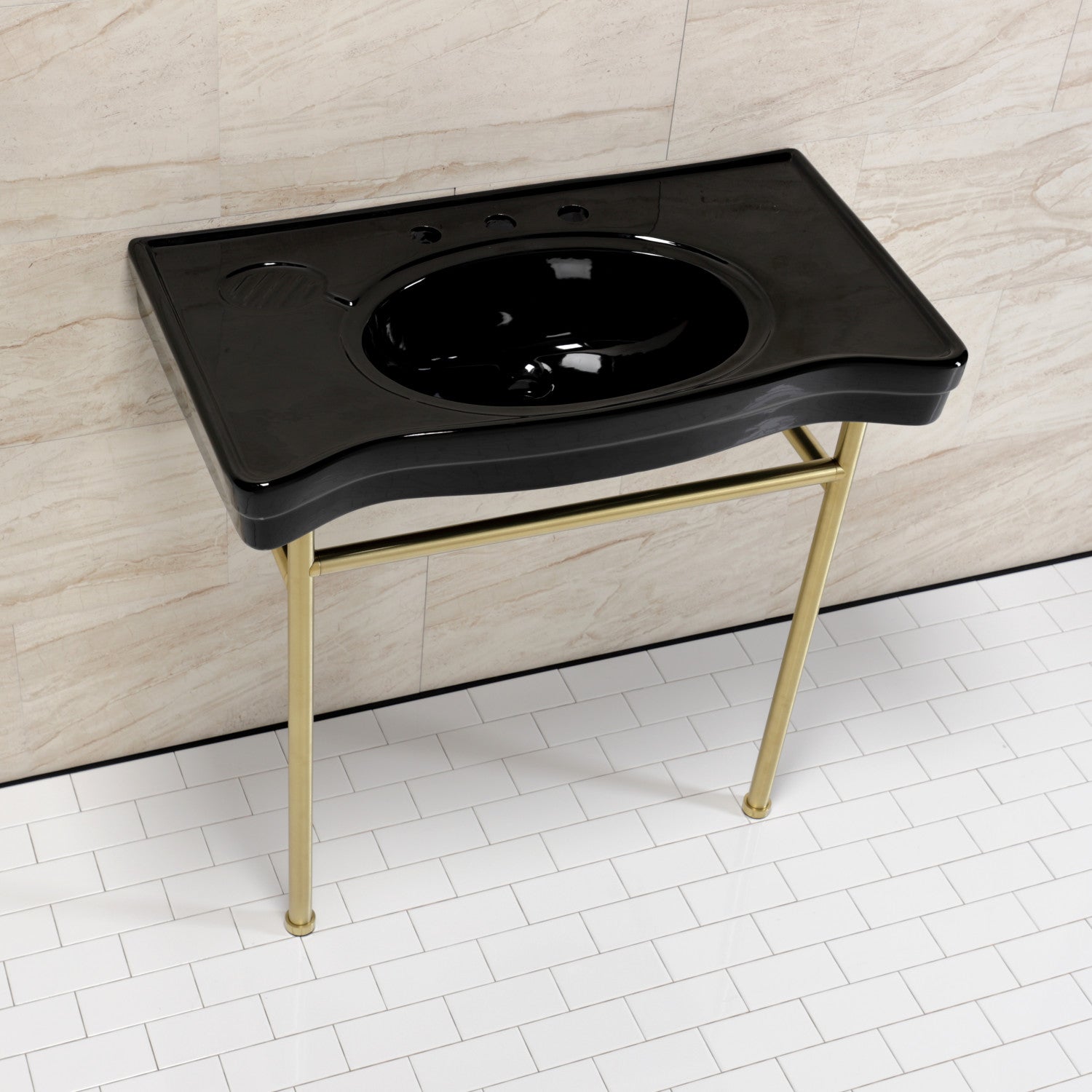 Bristol VPB28140W87K 36 Inch Black Ceramic Bathroom Sink with Brushed Brass Stainless Steel Legs - 8 Inch 3 Hole Drop-in Console Sink for Modern Farmhouse & Luxury Bathroom Vanity