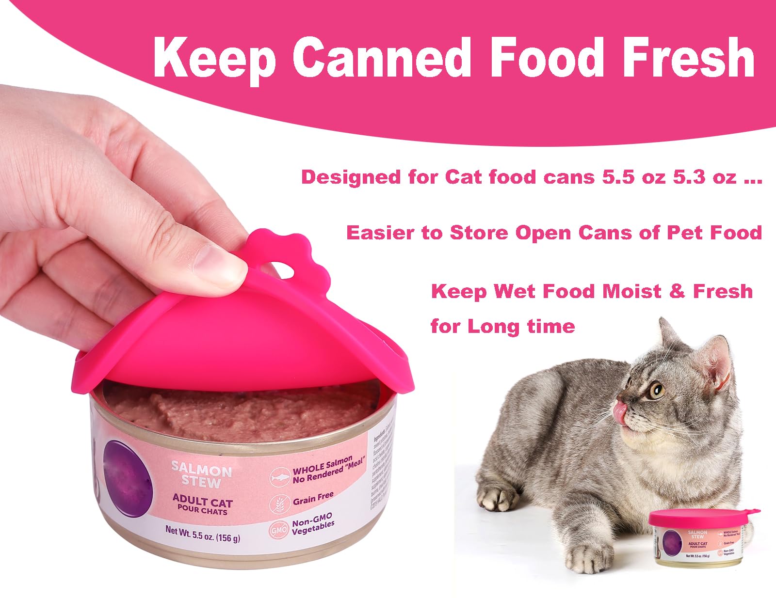 Reusable Silicone Cat Food Can Lids for 5.5 oz & 5.3 oz Cans - 2 Pack Pet Food Can Covers, Wet Food Savers (Hot Pink) - Perfect for Freshness & Portion Control