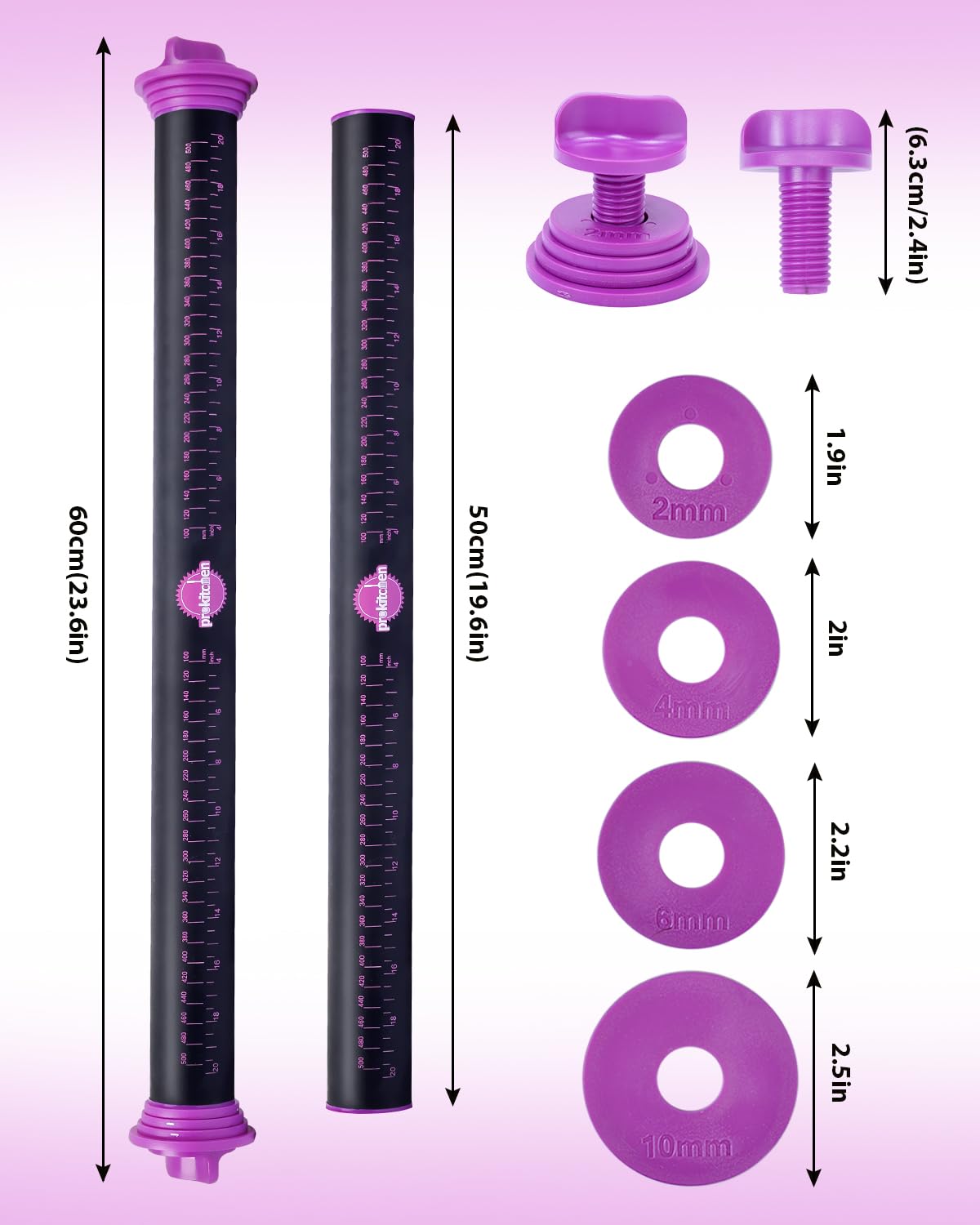 Adjustable Silicone Rolling Pin with Thickness Rings - 23.6 Inch Large Purple Dough Roller for Baking, Fondant, Cookies, Pasta & Pizza - Perfect for Home Kitchens & Professional Bakeries