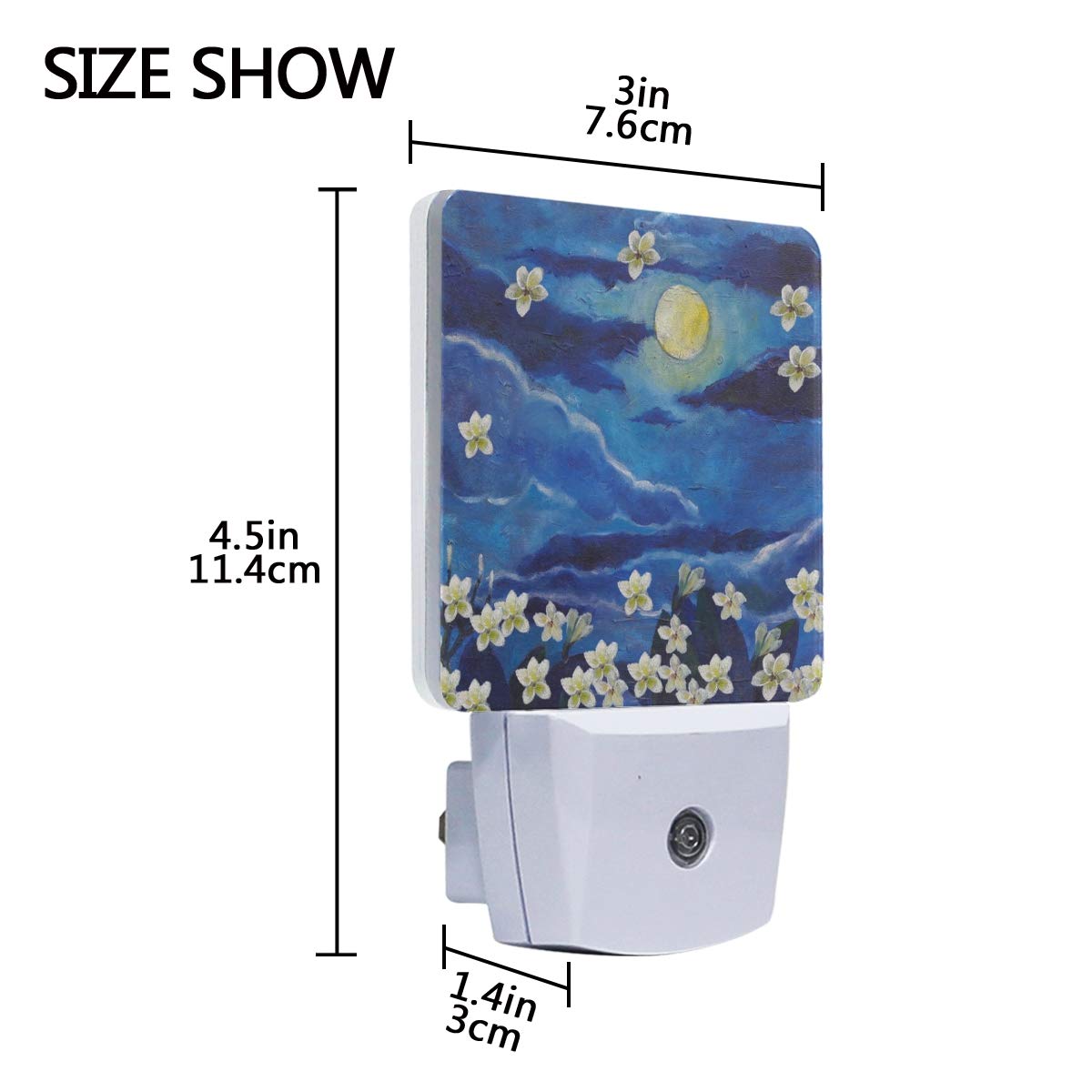 Vikko 2-Pack LED Night Light Plug in with Dusk to Dawn Sensor - White Flowers Moon Blue Sky Painting Design for Kids & Adults - Perfect for Bedroom, Living Room, Hallway & Home Decor - Creates Soothing Ambiance for Nighttime Relaxation