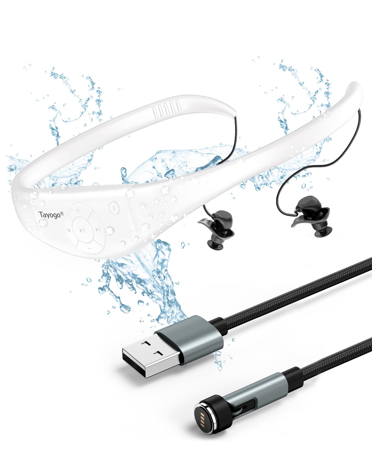 Tayogo IPX8 Waterproof MP3 Headphones for Swimming - 8GB Ultralight Swimming Headset with 20H Playtime, Underwater Music Player for Lap Swimming, Pool Workouts & Aquatic Exercise