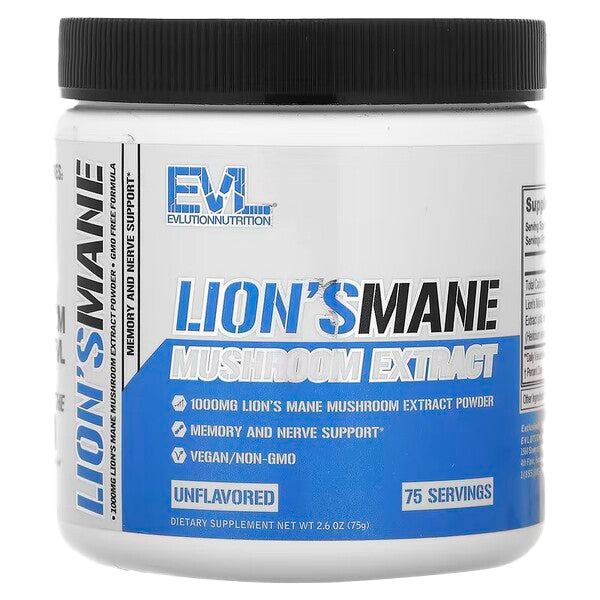 EVLution Nutrition Lion's Mane Mushroom Powder 75g - Organic Brain Booster Supplement for Focus, Memory & Cognitive Support - Perfect for Coffee, Tea & Smoothies