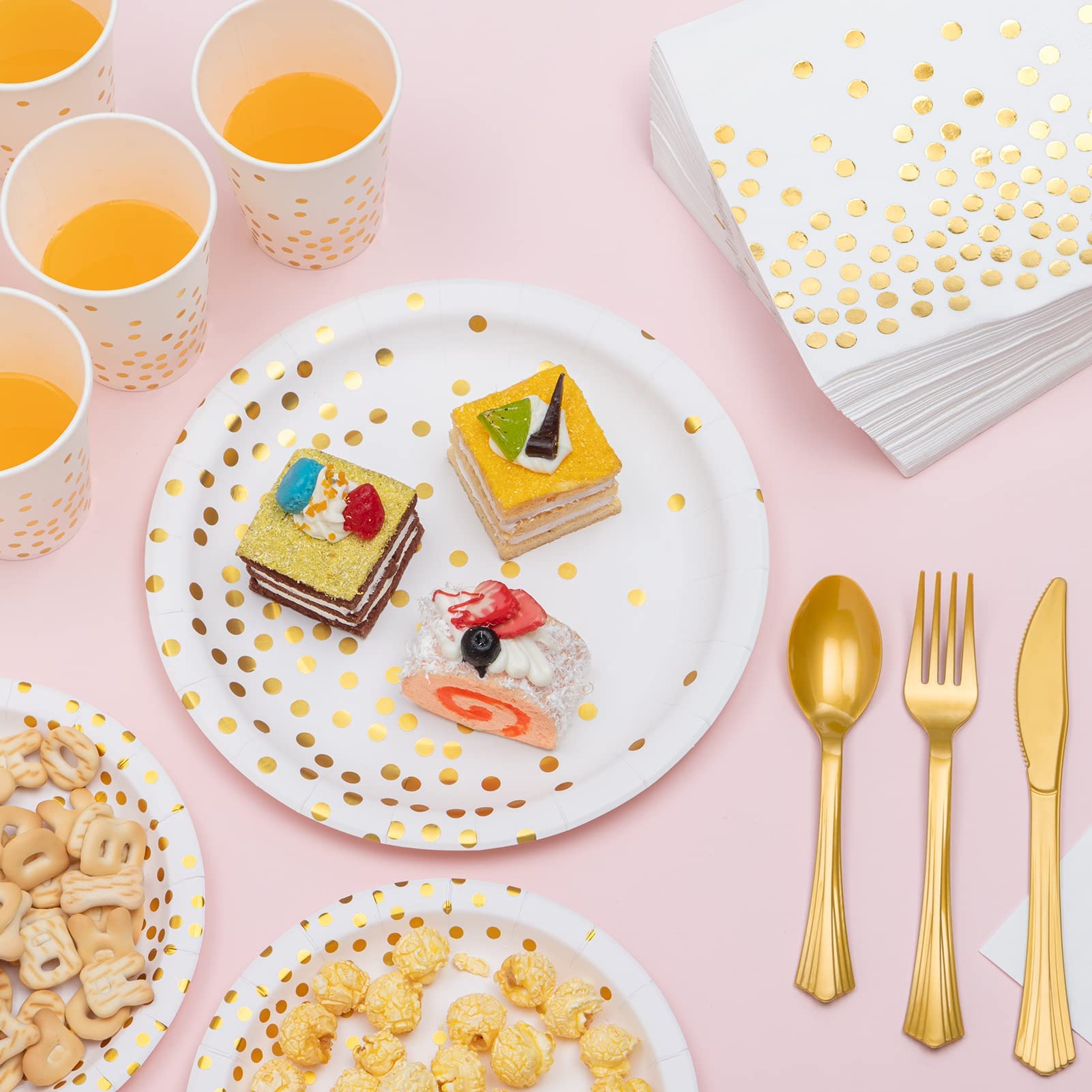 350PCS White & Gold Disposable Dinnerware Set - Paper Plates, Napkins, Cups, Plastic Forks, Knives & Spoons - Elegant Party Supplies for Birthday, Christmas, Retirement & New Year's Eve 2025 Decorations - Perfect for Women & Men's Celebrations, Dinner Parties & Special Events