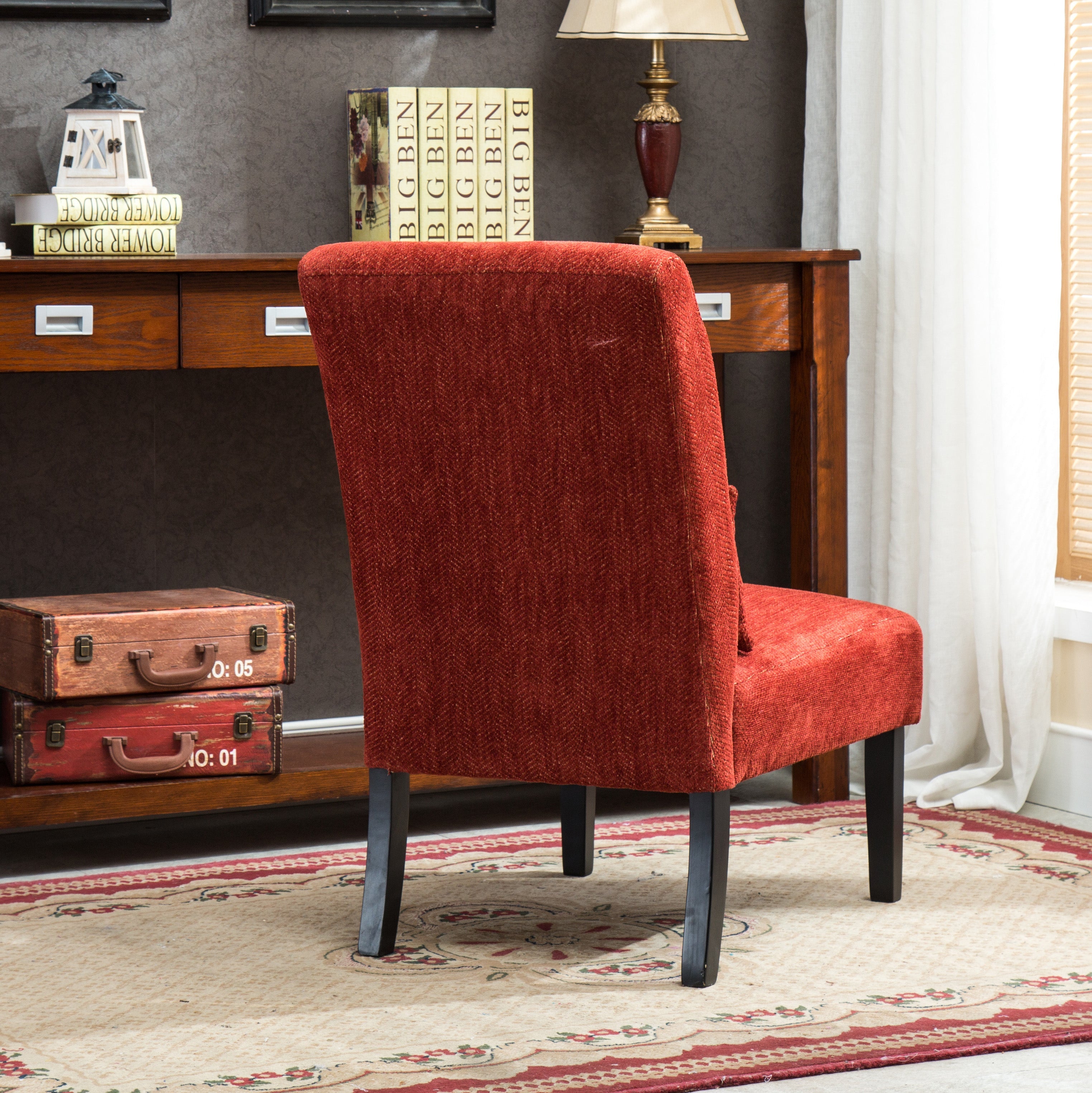 Roundhill Furniture Pisano Chenille Fabric Armless Contemporary Accent Chair with Matching Kidney Pillow in Red - Modern Living Room Seating for Home Office & Lounge