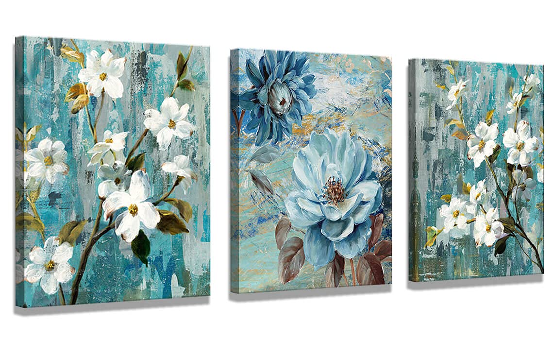 Blue Floral Canvas Wall Art - 12x16x3 Panel Set for Bathroom & Living Room Decor | Hangable Floral Paintings for Home, Bedroom, or Office | Perfect for Modern, Farmhouse & Boho Interior Design