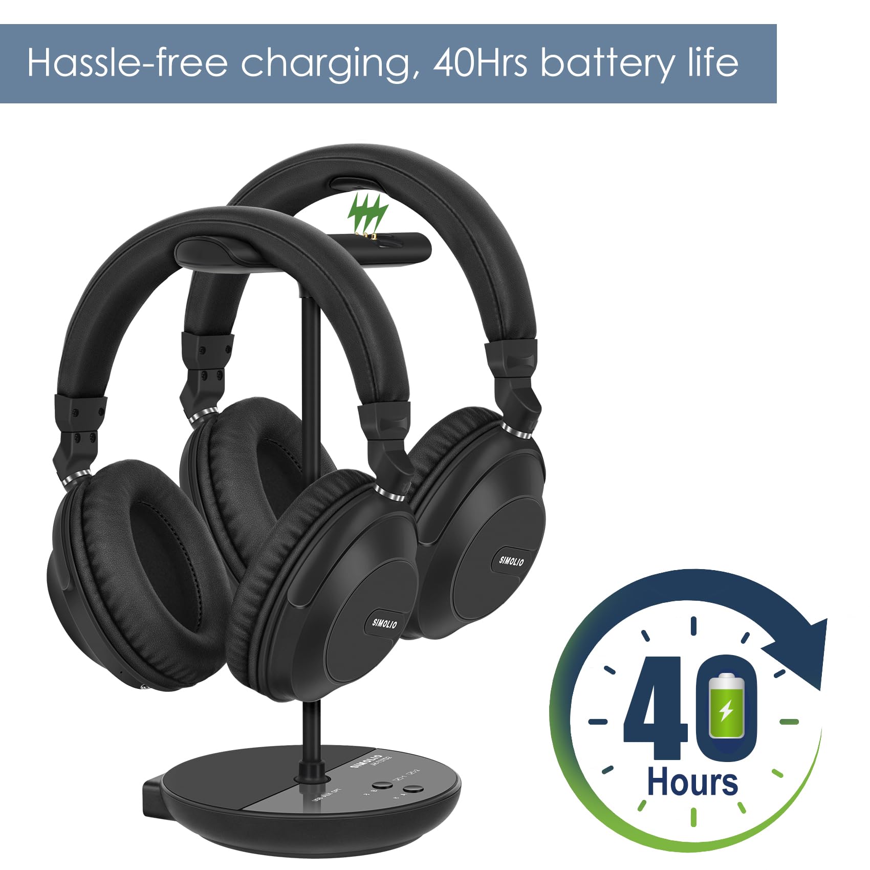 SIMOLIO JH737D2 Dual Bluetooth Wireless Headphones for TV - No Delay, High Volume for Seniors | Optical/AUX/RCA Output | Plug & Play | Charging & Transmitter 2-in-1 | Perfect for Watching TV, Hearing Assistance & Home Entertainment