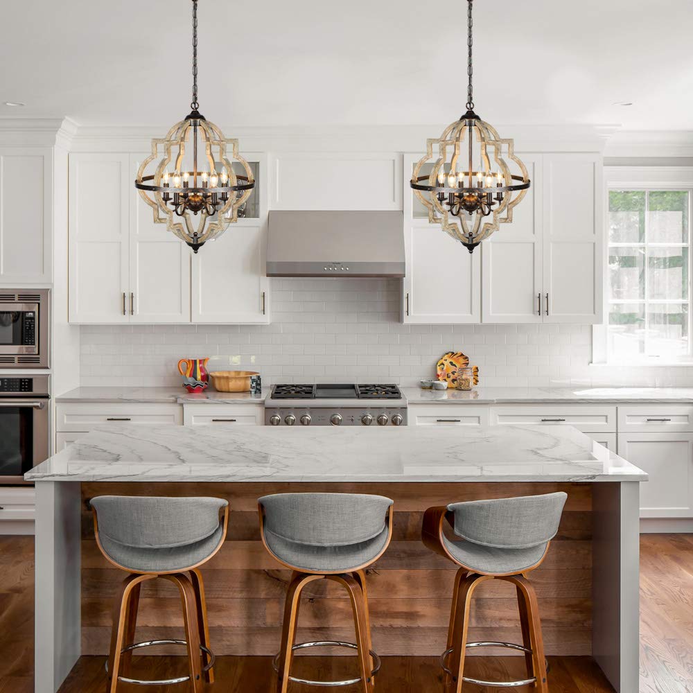 Orb 6-Light Farmhouse Chandelier with Stardust Finish - Rustic Vintage Wood Ceiling Light Fixture in Brown - 21.3 Inch Diameter - Perfect for Kitchen Island, Dining Room, Living Room & Entryway Lighting