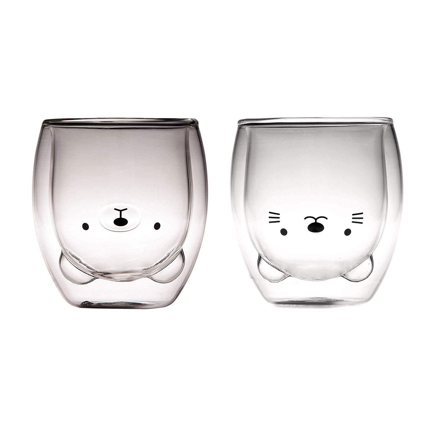 Hwagui - 2 Pack Cute Double Wall Glass Cups, Kawaii Coffee & Tea Mugs, 8.4oz Insulated Drinking Glasses for Hot/Cold Beverages - Perfect for Birthday Gifts, Home, Office, and Cafe Use