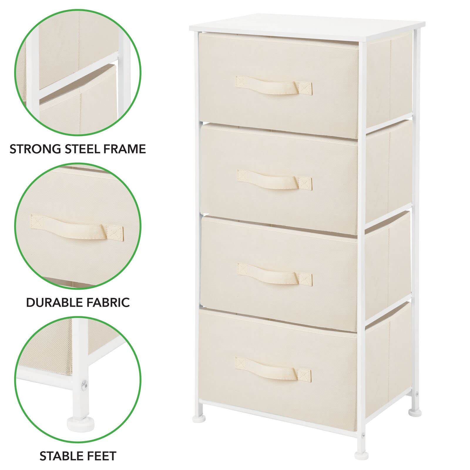 mDesign 4-Drawer Fabric Storage Tower Organizer - Steel Frame & Wood Top Dresser for Bedroom, Closet, Entryway - Jane Collection in Cream/White | Perfect for Small Space Organization & Home Decor