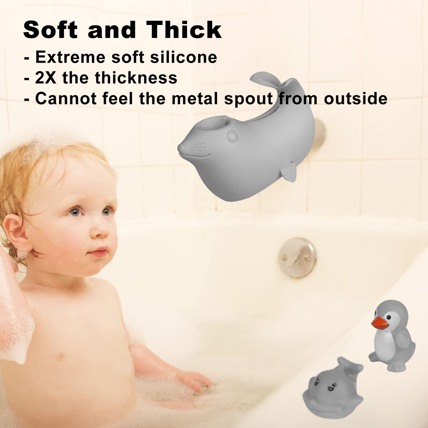 Soft Silicone Baby Bathtub Faucet Cover - Safe Bath Spout Protector for Kids, Gray Sea Lions Design - Prevent Bumps & Injuries During Bath Time - Perfect for Baby & Toddler Bathroom Safety Accessories