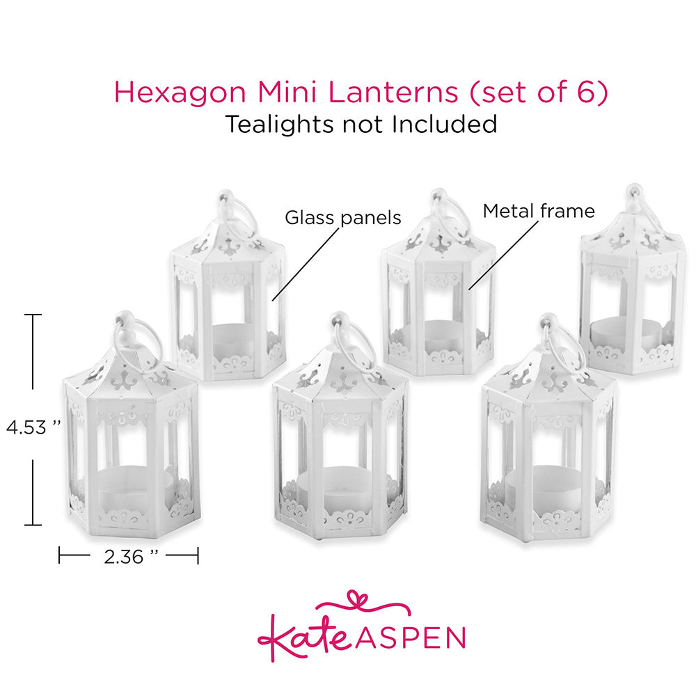 White Hexagon Mini Lanterns - Set of 6, Battery Operated LED Tea Lights - Perfect for Wedding Decor, Garden Party, Patio Lighting & Home Decoration