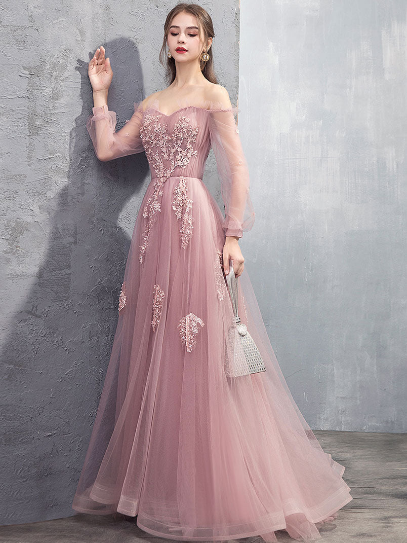 Elegant Pink A-Line Tulle Lace Long Prom Dress for Women - Formal Evening Gown for Homecoming, Wedding, and Special Occasions