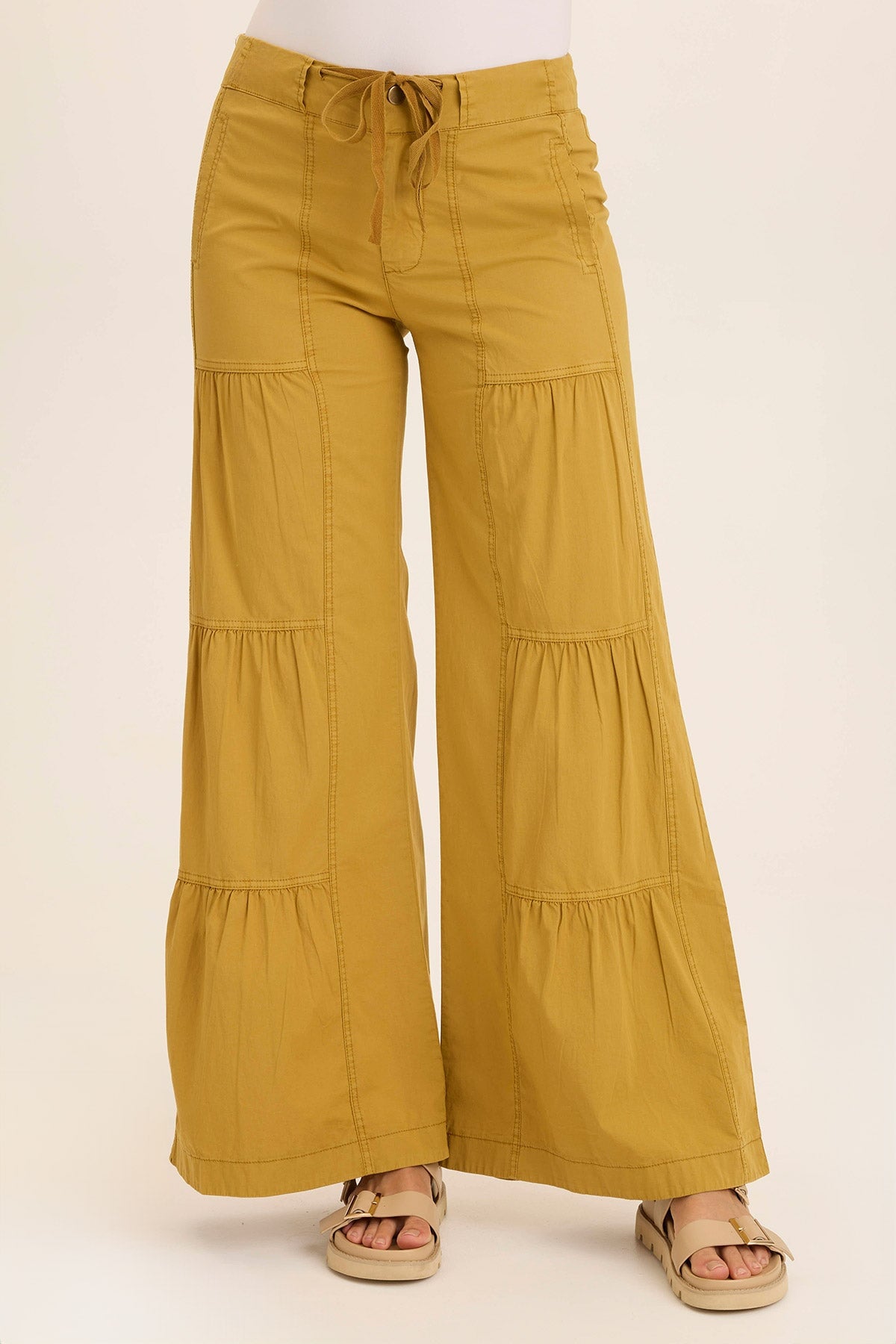 Women's High Waisted Tiered Wide Leg Flare Pants with Drawstring & Ruched Detail - Casual & Boho Style for Summer, Travel, and Beach Outfits
