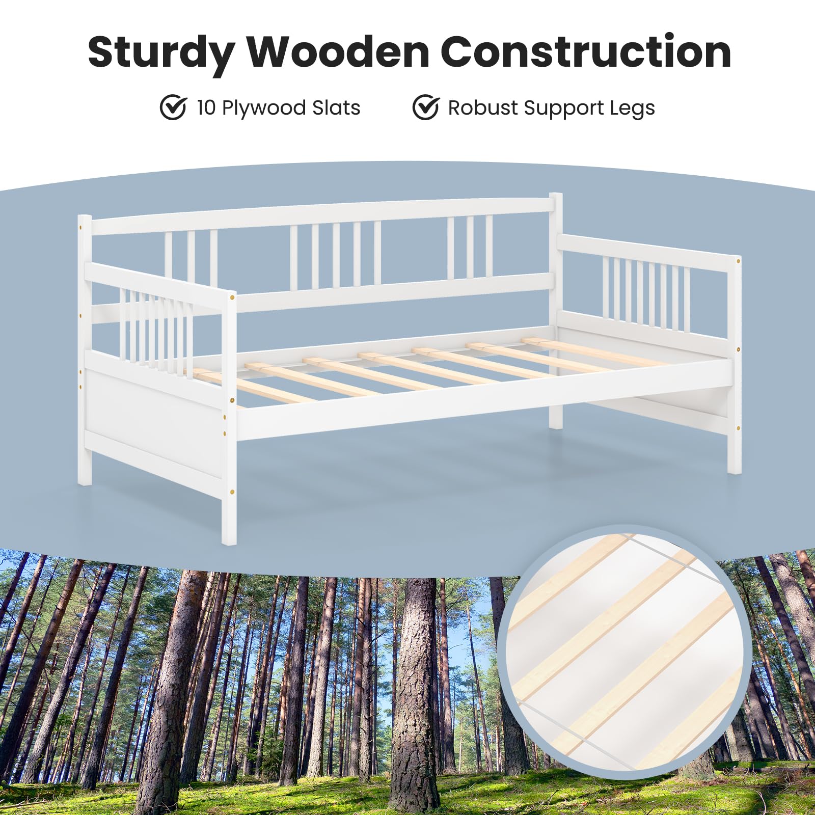 Giantex Twin Daybed Frame with Wooden Sofa Bed Design - Sturdy Wood Slat Support & Side Rails - No Box Spring Needed - Dual Use for Living Room & Bedroom - Perfect for Guest Beds, Small Spaces & Studio Apartments - White