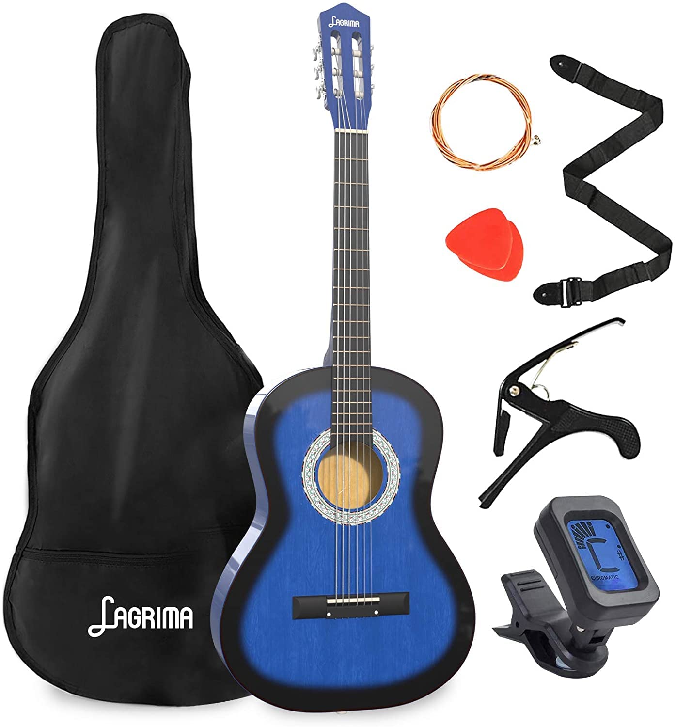 LAGRIMA 38 inch 4/4 Size Acoustic Guitar Starter Kit for Beginners - Includes Gig Bag, Capo, Strap, Tuner, Picks & Steel Strings - Perfect for Kids & Adults (Blue) | Ideal for Learning, Practice, Home & School Performances