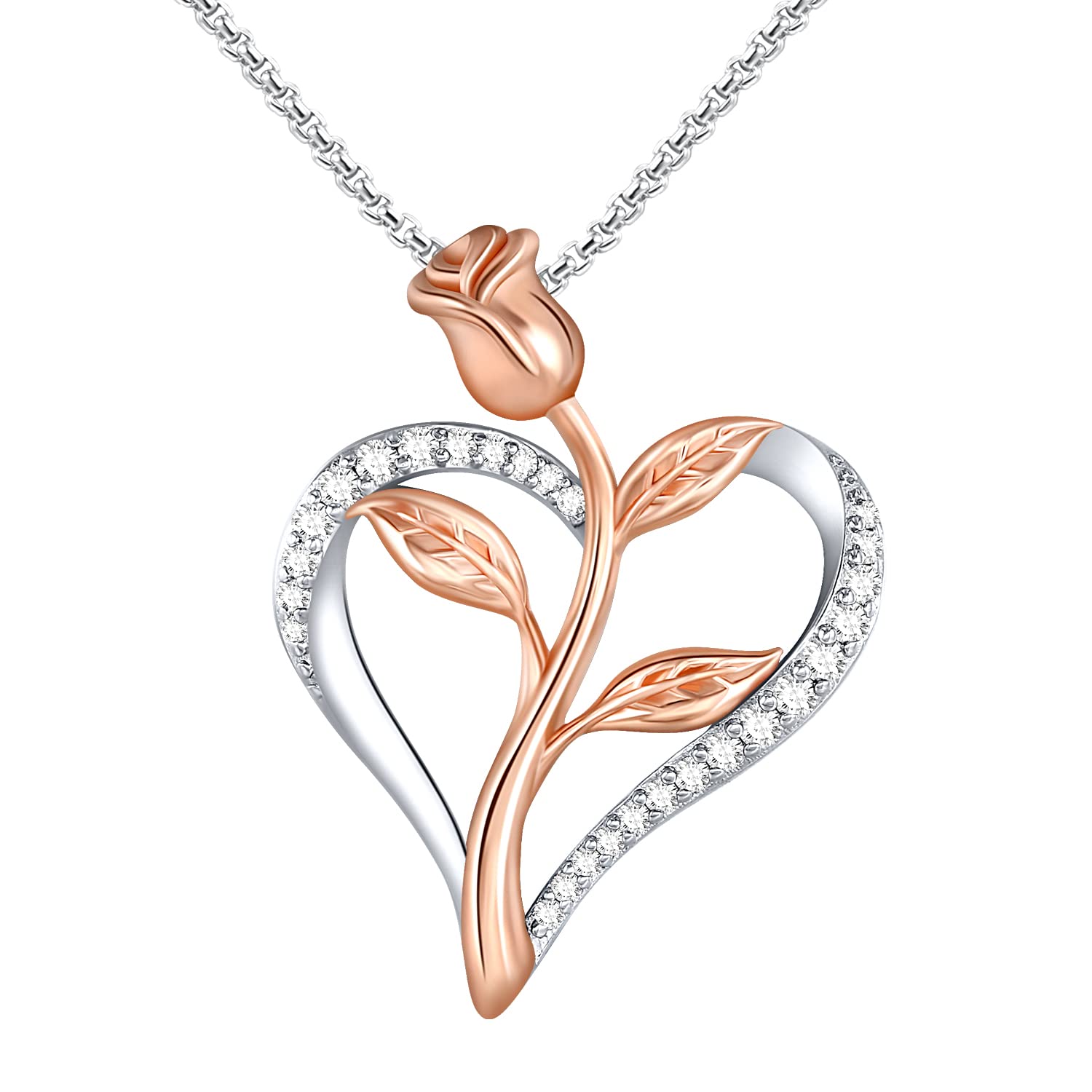 Valentine's Day Rose Necklace for Women - Cubic Zirconia Heart Pendant in Silver & Rose Gold 2-Tone with Jewelry Box - Perfect Romantic Gift for Her, Birthday, Anniversary & Special Occasions