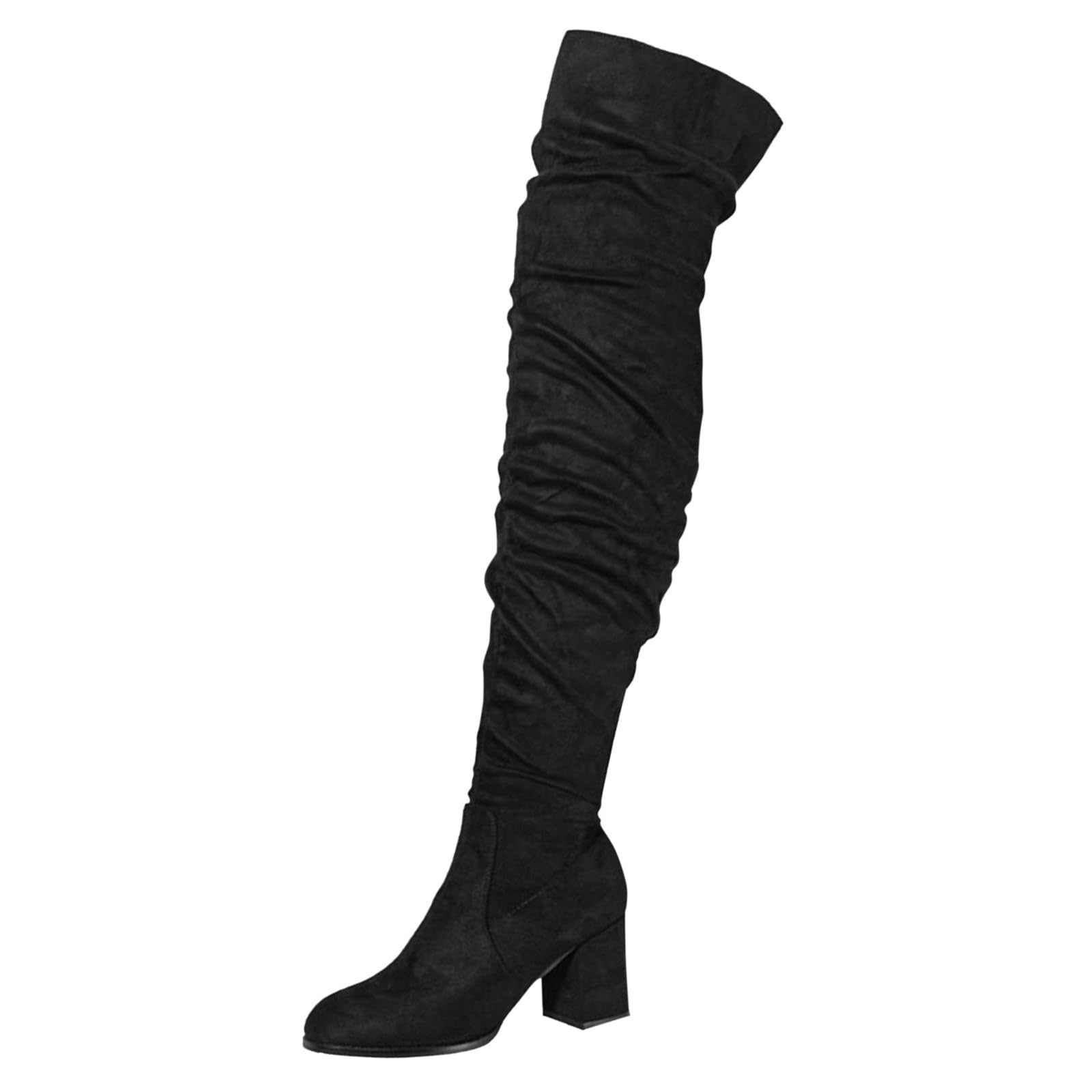 Women's Black Platform Knee High Boots - Thick Heel Over Knee Pleated Suede Long Boots & White Ankle Trainers (UK Size 5) | Fashionable Footwear for Parties, Night Out and Winter Style