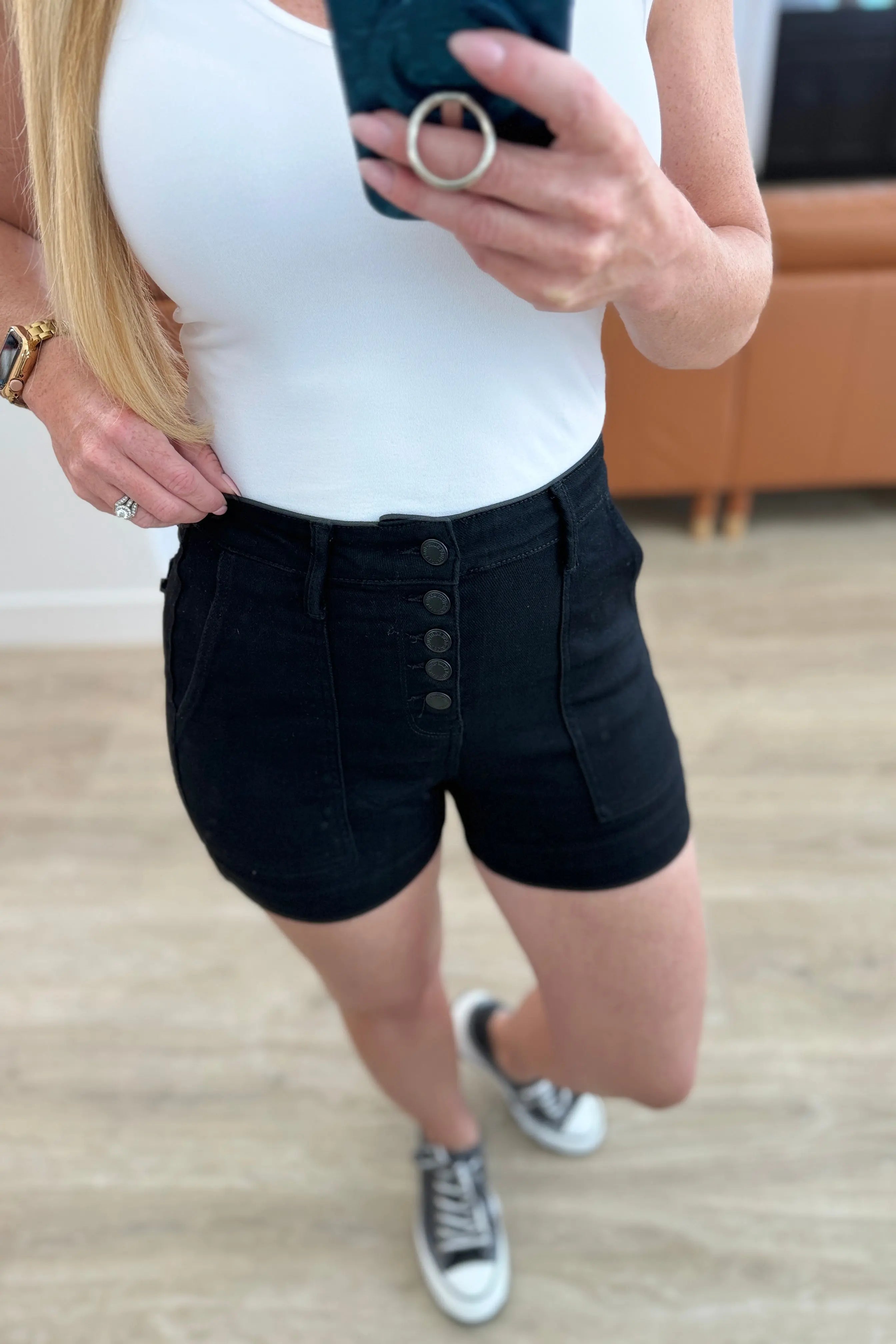 Judy Blue Reagan High Rise Button Fly Trouser Shorts for Women - Stretch Denim Comfort Fit - Casual Summer Outfits & Beach Vacations