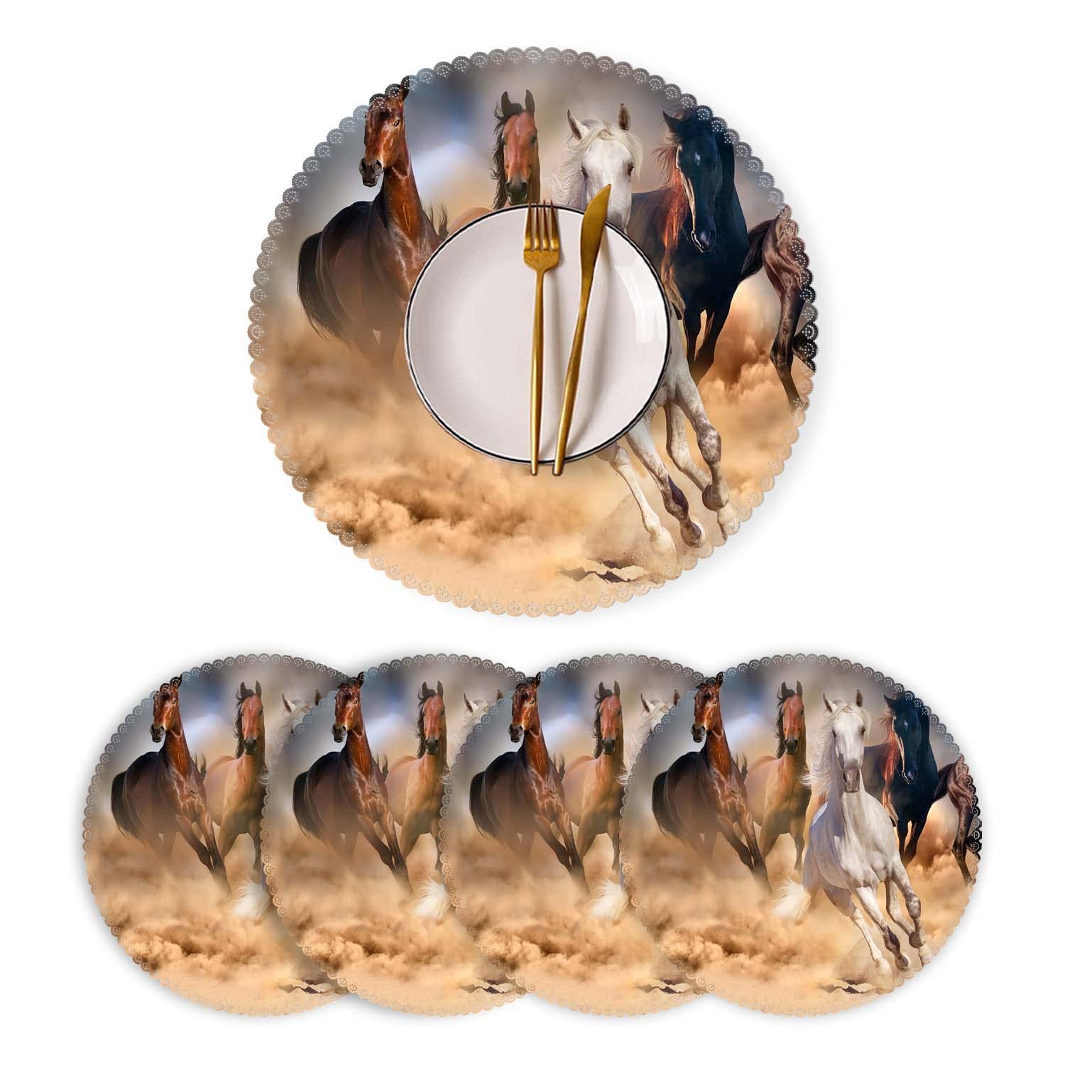 **Round Heat-Resistant Washable Polyester Placemats Set of 4 - Horses Running Design for Kitchen & Dining Table Decor | Perfect for Everyday Meals, Parties, and Holiday Gatherings**