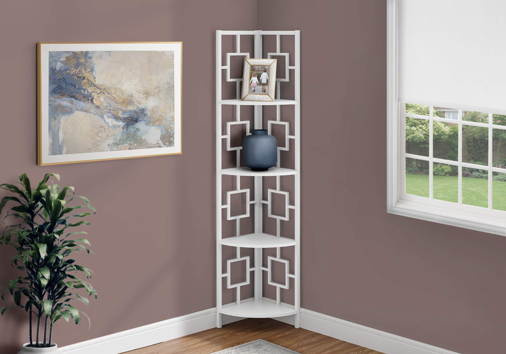 Monarch Specialties 4-Tier Corner Bookcase - Open Storage Shelf for Living Room, Office, or Bedroom - Tall Narrow Bookshelf in White - Perfect for Small Spaces & Home Organization