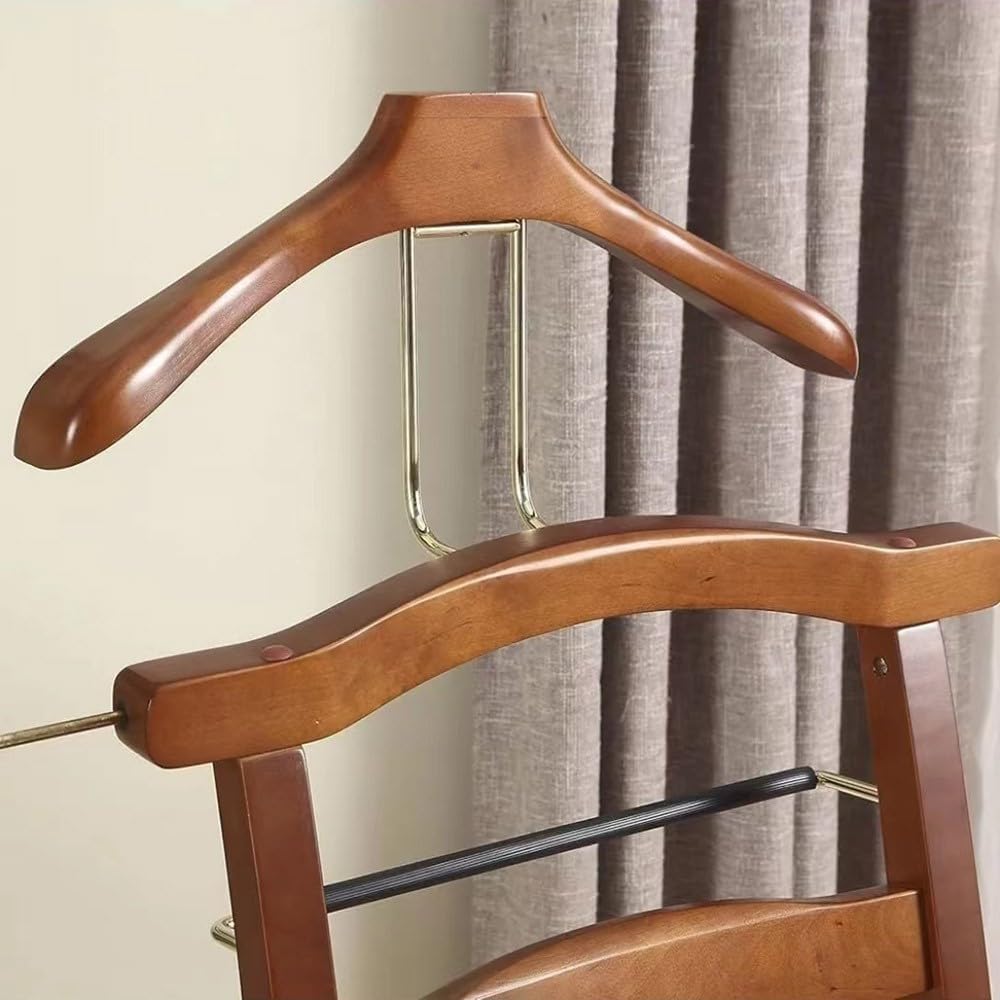Wooden Chair Valet Stand with Hanger, Drawer & Trouser Bar - Mahogany Office Clothes Organizer 18