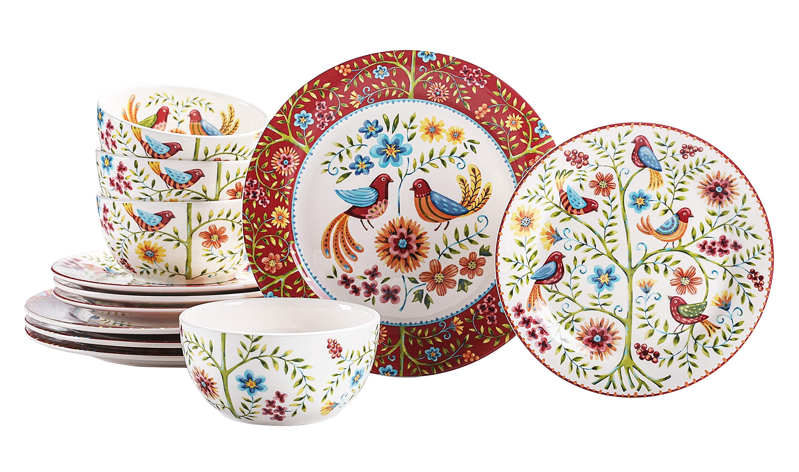Bico Red Spring Bird Ceramic Dinnerware Set - 12 Piece Service for 4 with 11