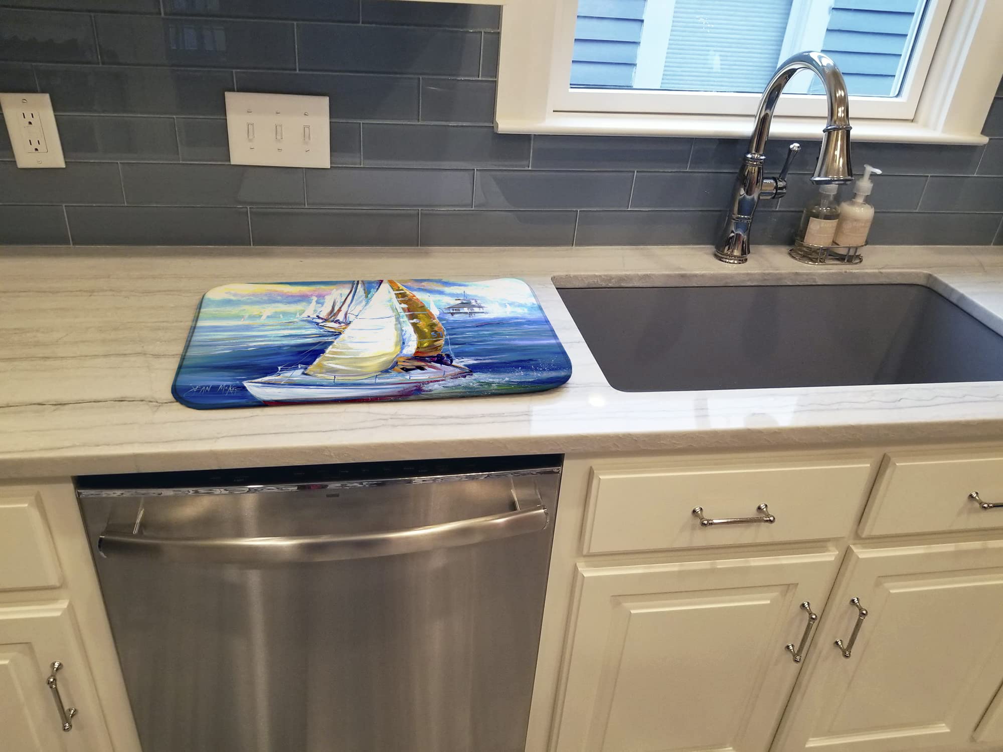 Sailboat Dish Drying Mat - Absorbent Kitchen Counter Mat (14x21