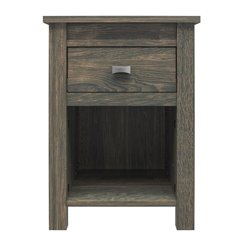 BOWERY HILL Weathered Oak Nightstand with 1 Drawer - Compact Bedside Table for Small Spaces, Bedroom Furniture with Storage