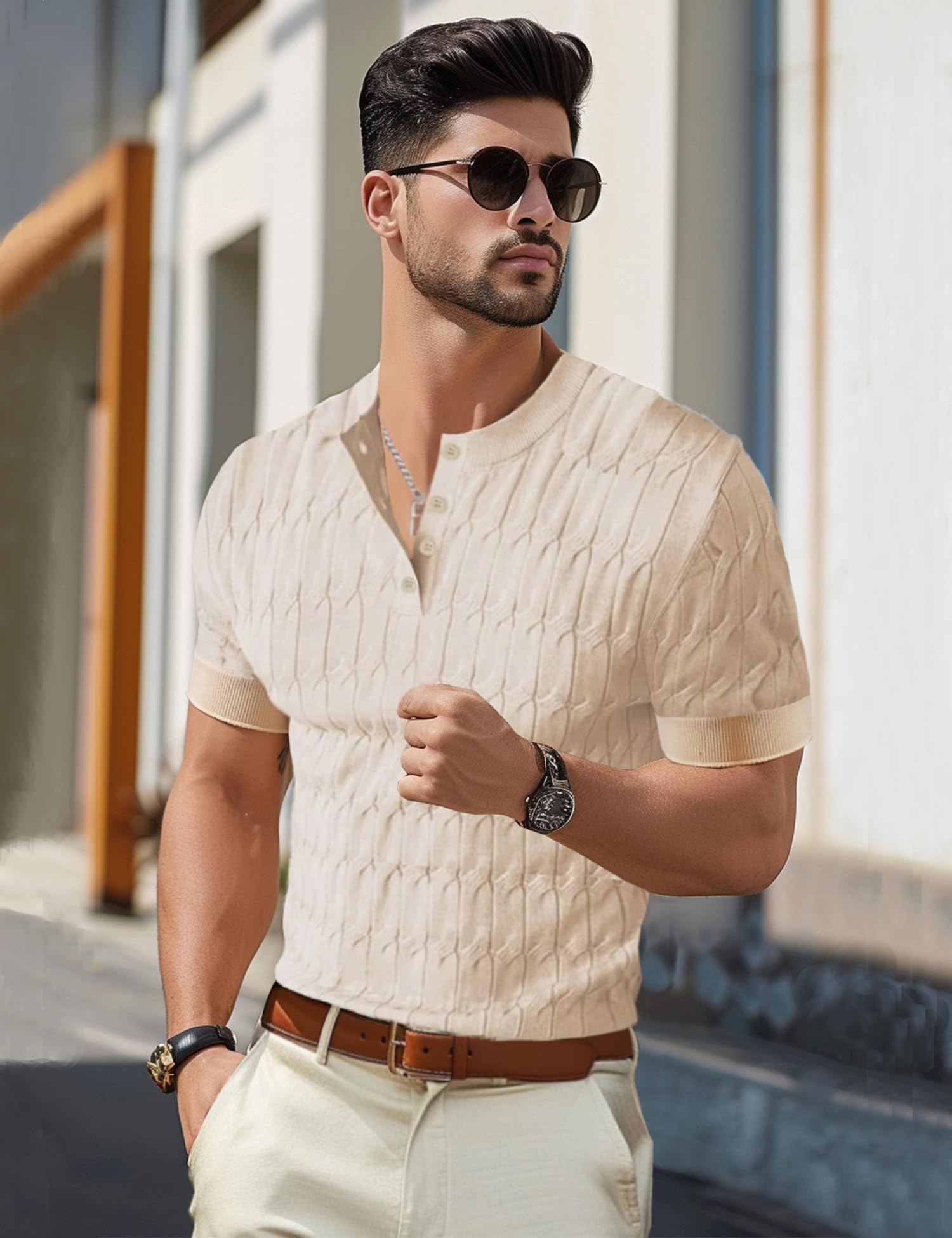 Men's Knit Polo Shirts - Short Sleeve Textured Henley Shirt | Breathable Knitted T-Shirt for Casual & Golf Wear | Lightweight Summer Top for Work, Travel & Outdoor Activities