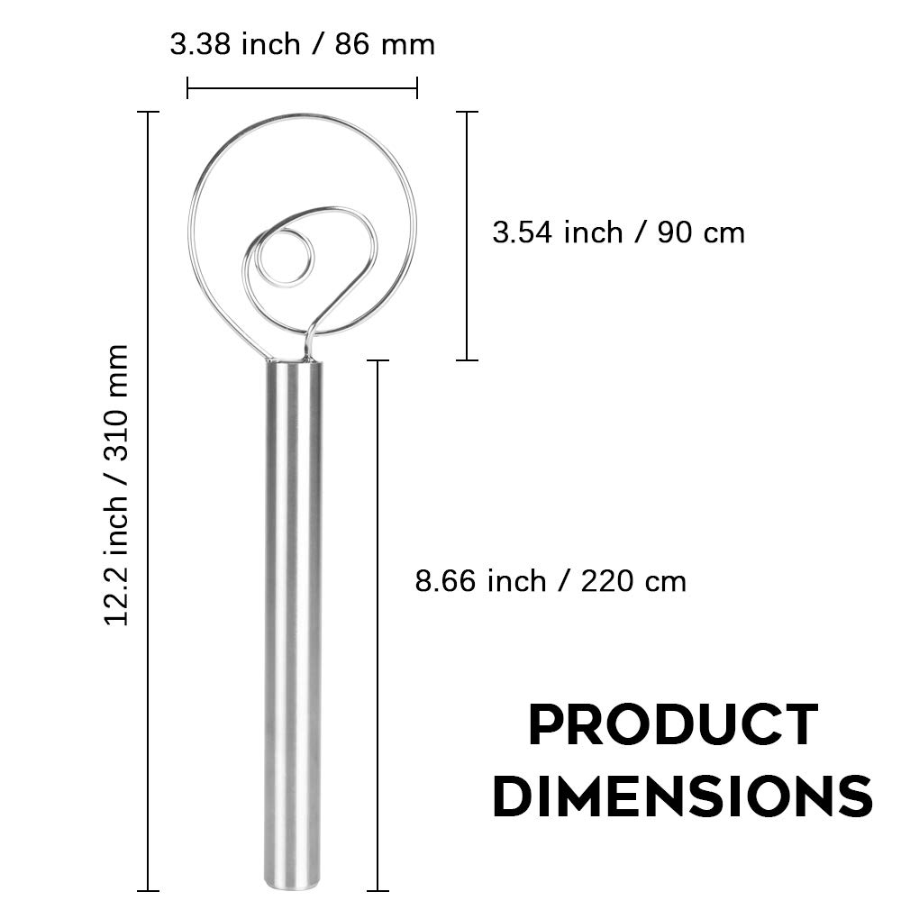 Alanfox 12-Inch Stainless Steel Danish Dough Whisk - Professional Bread Mixer for Baking Sourdough, Pizza, Cake & Pastry - Dishwasher Safe & Easy Clean - Perfect for Home Bakers & Professional Kitchens