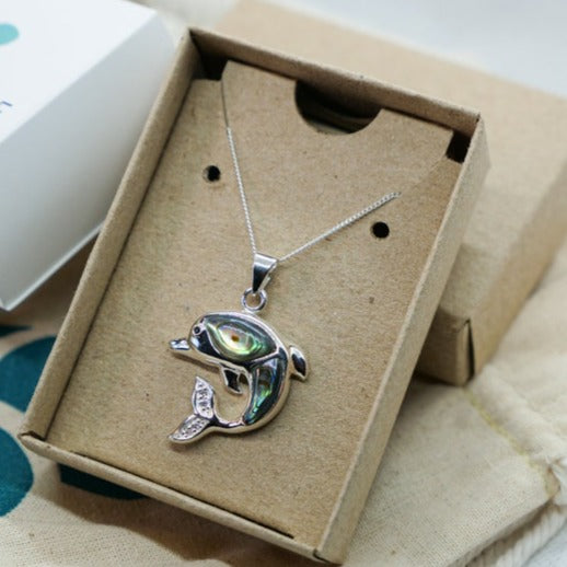 Dolphin Pendant Necklace with Genuine Abalone Shell and Sparkling White Cubic Zirconia - Perfect for Beach Vacations, Summer Outfits & Gift Giving