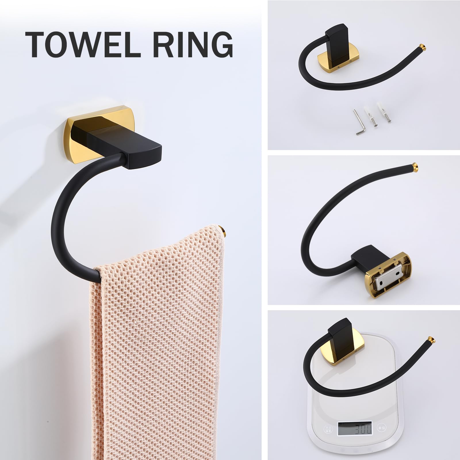 Premium 3-Piece Bathroom Hardware Set - Matte Black Zinc Alloy Towel Holder, Toilet Paper Stand & Wall-Mounted Ring with Gold Accents | Modern Bathroom Accessories for Home & Hotel Decor | Rust-Resistant & Easy Installation