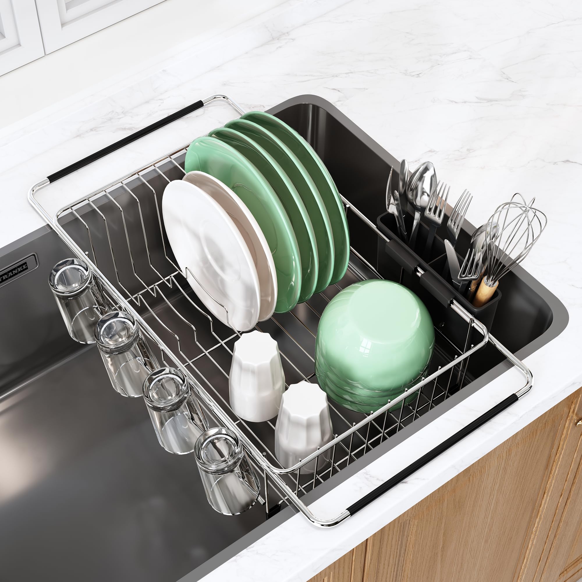 MAJALiS Stainless Steel Over The Sink Dish Drying Rack with Utensil Holder - Compact Space Saving Kitchen Sink Drainer, Silver | Perfect for Small Apartments, RVs & Countertop Organization
