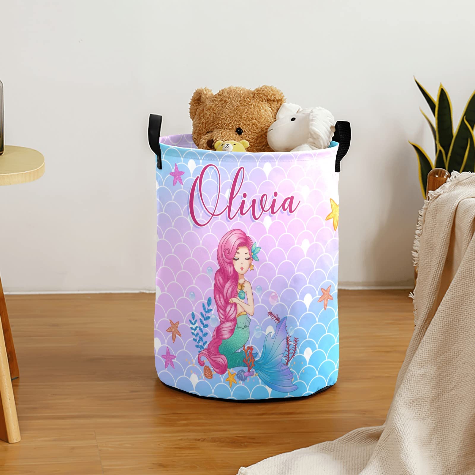 Personalized Mermaid Laundry Basket for Girls - Custom Name Kids Laundry Hamper with Handles - Perfect for Nursery, Bedroom & Bathroom Organization (Style 04)