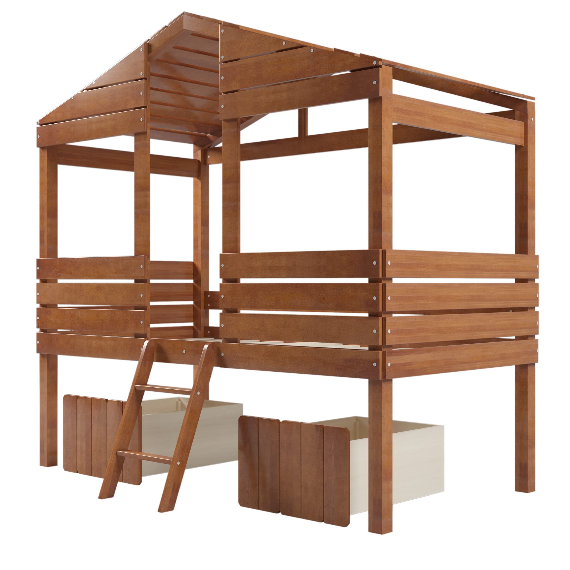 Twin Size Wooden Loft Bed with 2 Drawers & Playhouse Design - Sturdy Low Loft Bed Frame with Roof and Windows in Walnut Finish | Perfect for Kids' Bedroom, Playroom, or Small Space Saving Solution