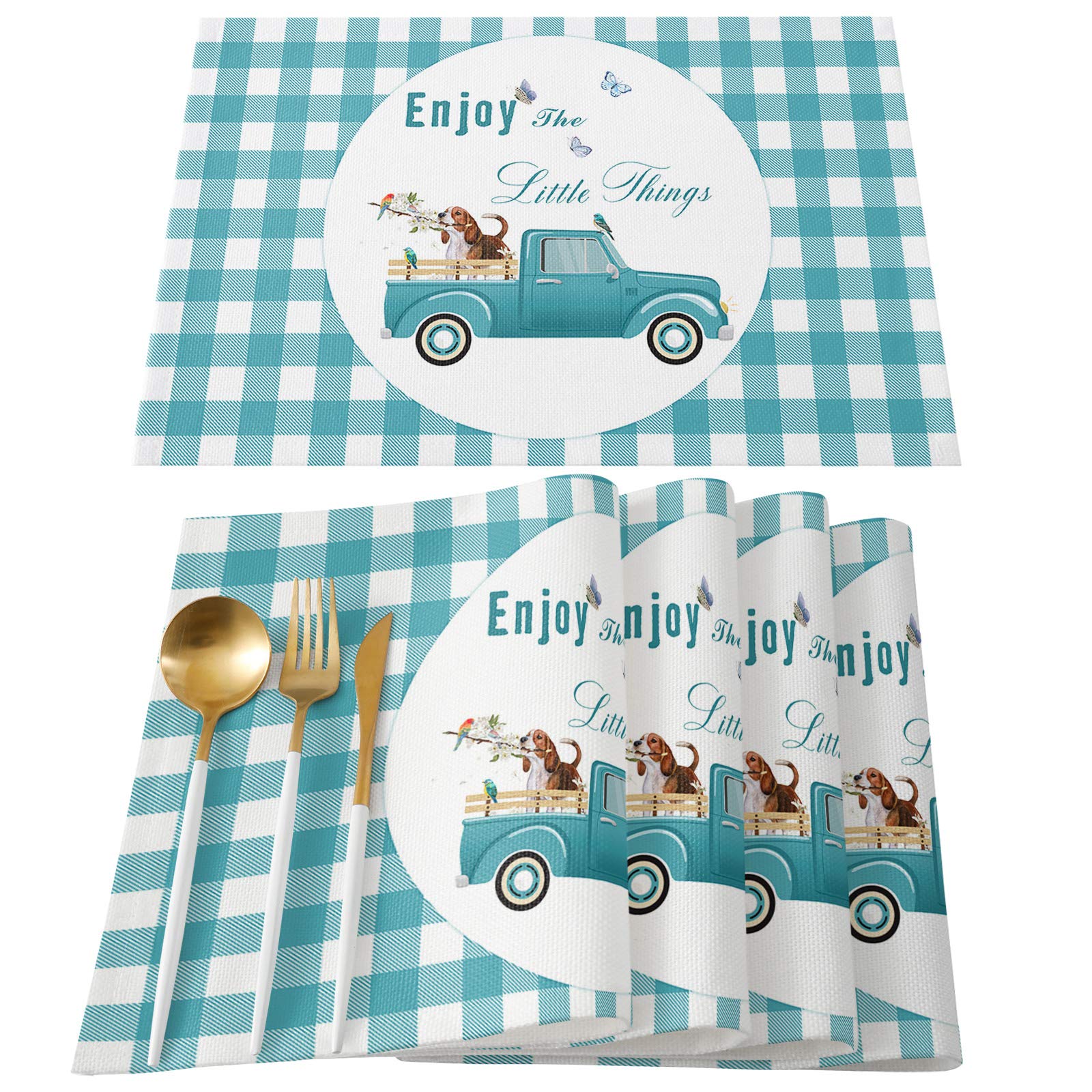 Set of 6 Cotton Linen Placemats 12x18 Inches - Vintage Truck & Beagle Floral Design, Stain Resistant Non-Slip Table Mats for Kitchen Dining, Teal White Checkered Backdrop - Perfect for Farmhouse Decor, Dinner Parties & Holiday Gatherings
