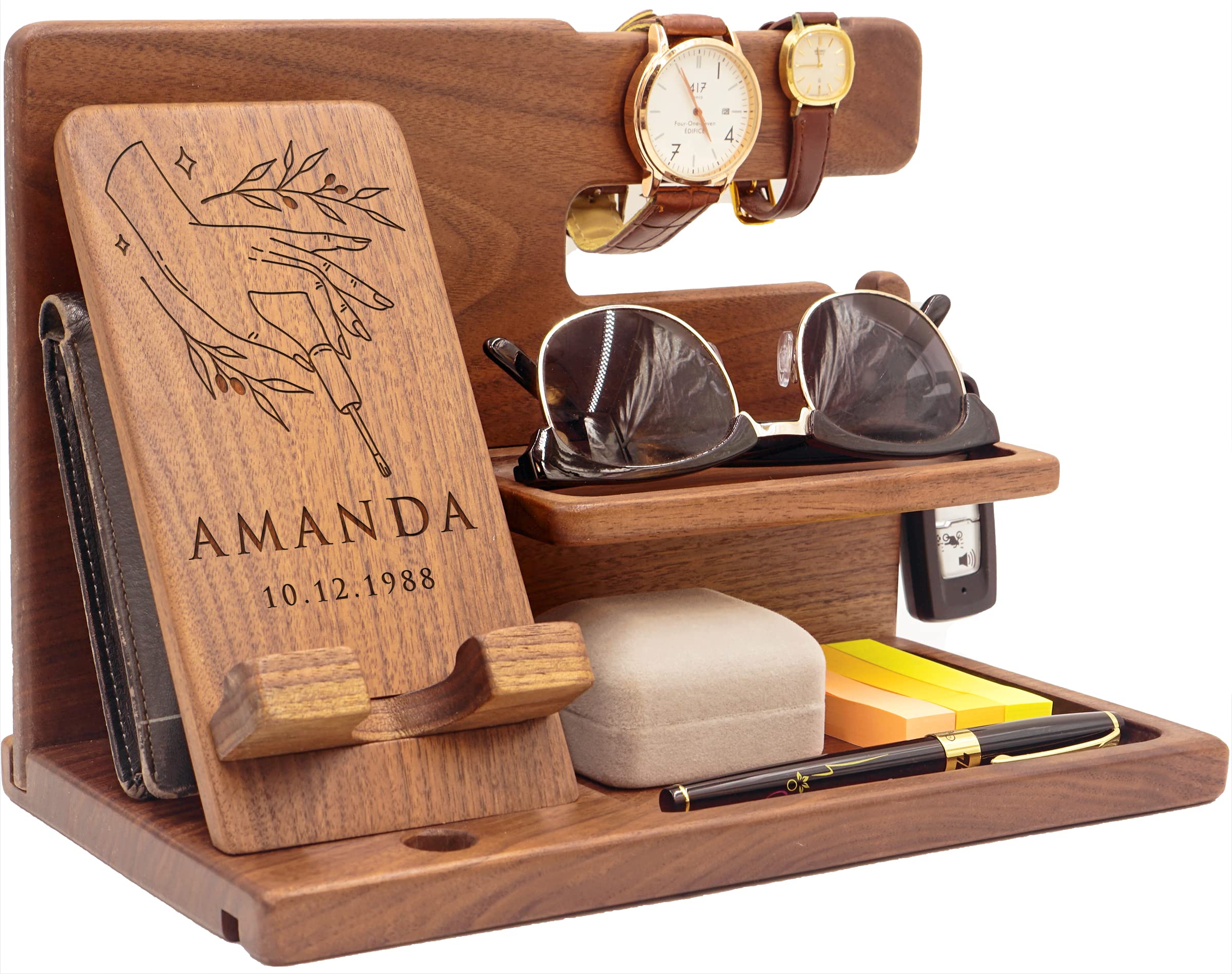Personalized Wooden Phone Docking Station & Nightstand Organizer - Unique Anniversary, Birthday, Christmas Gifts for Women, Mom & Wife | Perfect for Bedroom, Office & Home Decor Organization