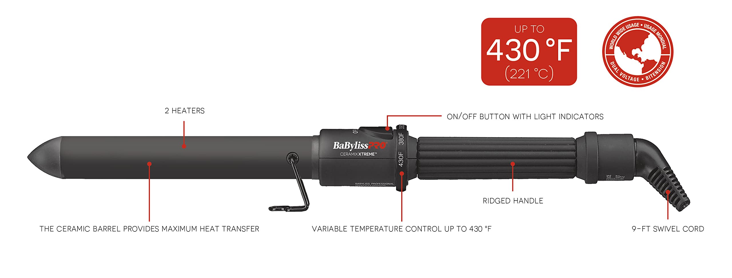 BaBylissPRO Ceramix Xtreme Ceramic Curling Iron for Long Lasting Curls - Professional Hair Styling Tool for Salon Quality Waves & Curls at Home | Perfect for Weddings, Parties & Everyday Styling