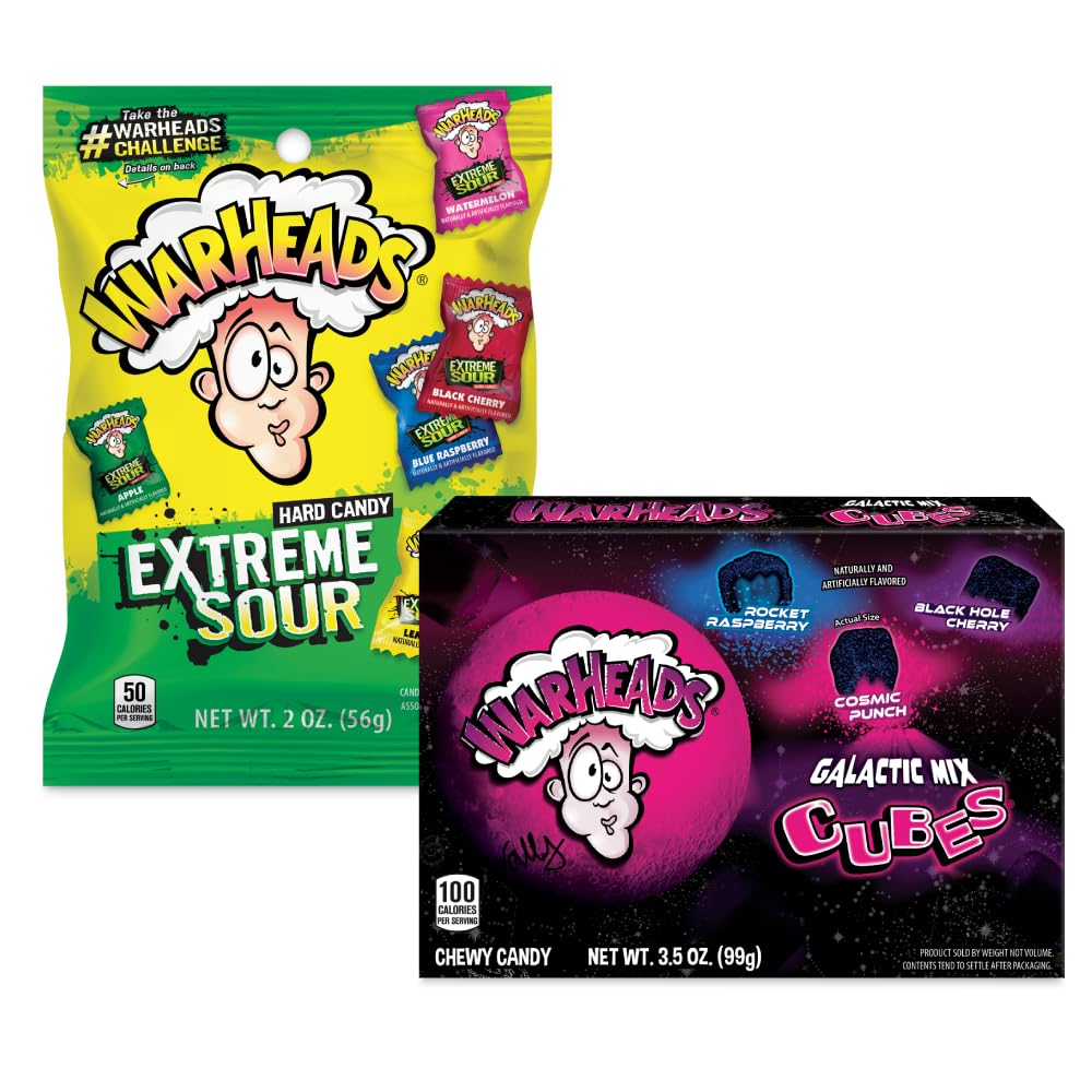 Warheads Extreme Sour Hard Candy Assorted Flavors 2oz Bag | Warheads Galactic Mix Cubes Chewy Candy 3.5oz - Tangy Sour Candy for Parties, Halloween Treats & Office Snacks