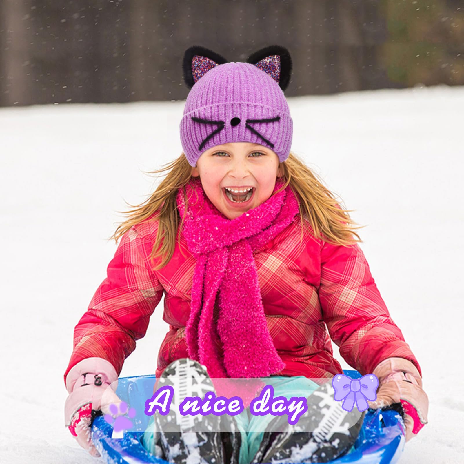 Sparkle Cat Ears Knit Beanie for Girls Ages 7-12 - Warm Winter Hat with Sequins for Outdoor Snow Skiing & Cold Weather Activities