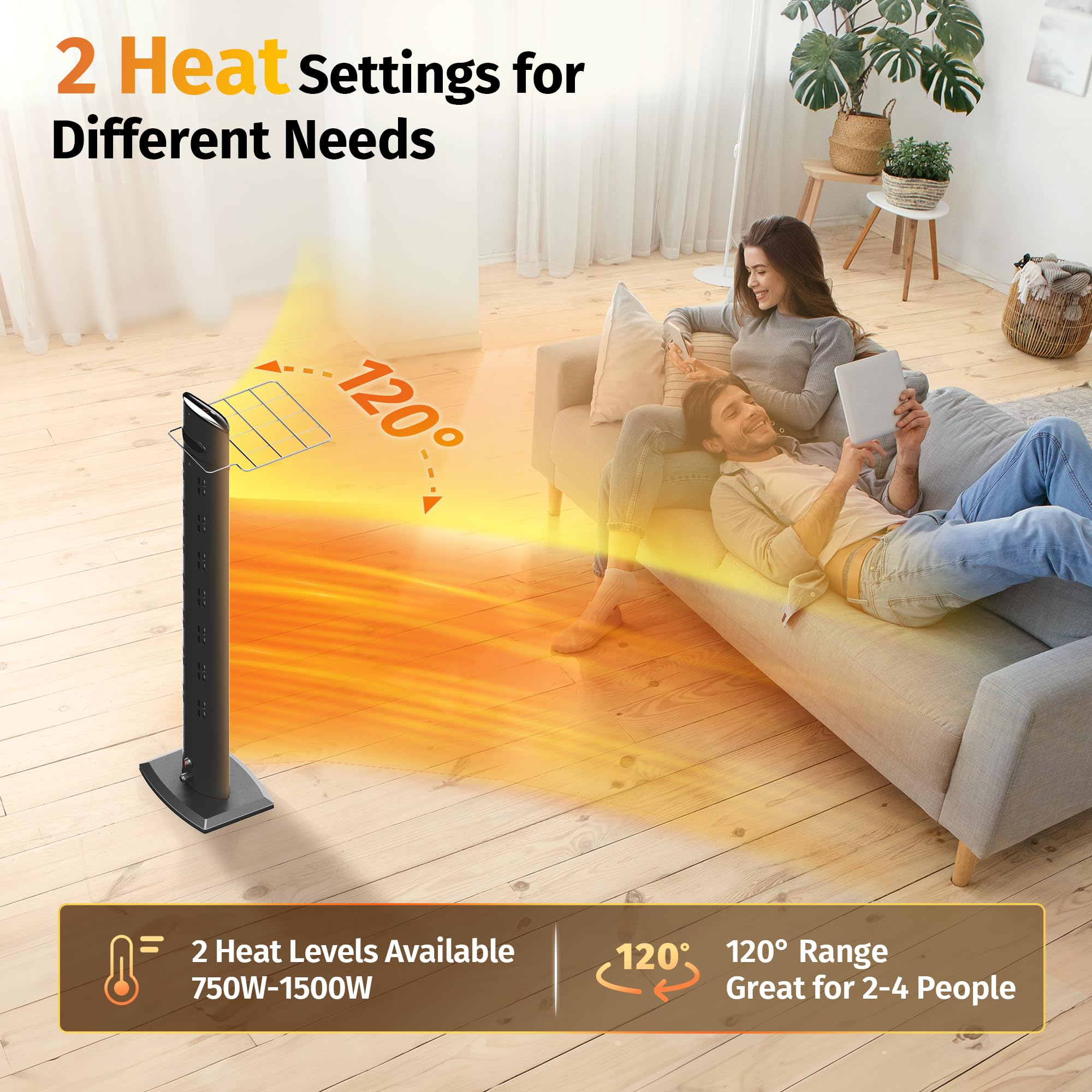 EAST OAK 1500W Electric Patio Heater - Indoor/Outdoor Portable Space Heater with IP55 Waterproof, Tip-Over & Overheat Protection, 2 Heat Settings & 24H Timer - Perfect for Backyard, Deck, Garage, and Office Use (2024 Upgraded Model)