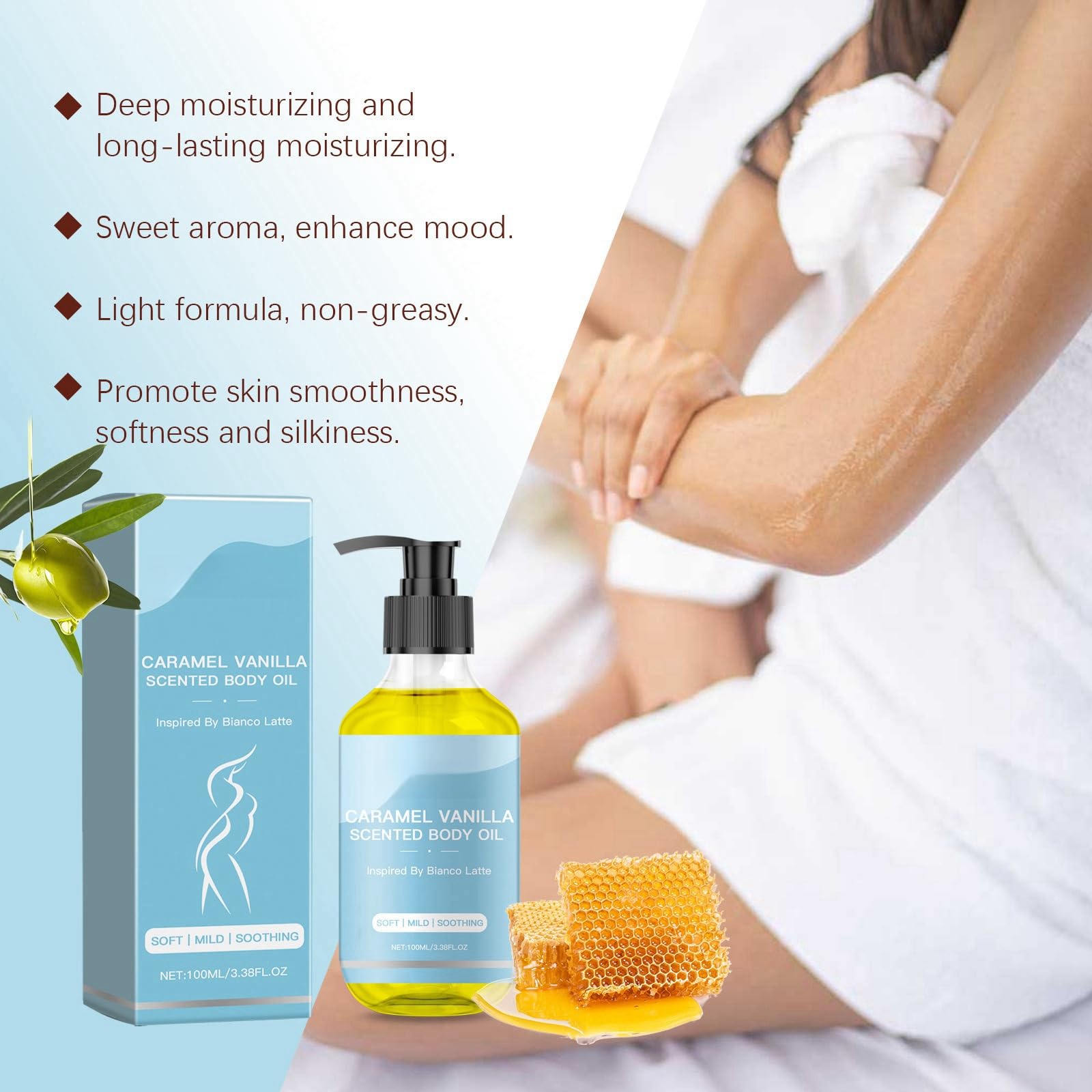 Caramel Vanilla Body Oil for Women - Moisturizing & Hydrating Aromatherapy Massage Oil - Sweet Scented Perfume Oil for Relaxation & Skin Care - Perfect for Spa, Bath & Daily Use