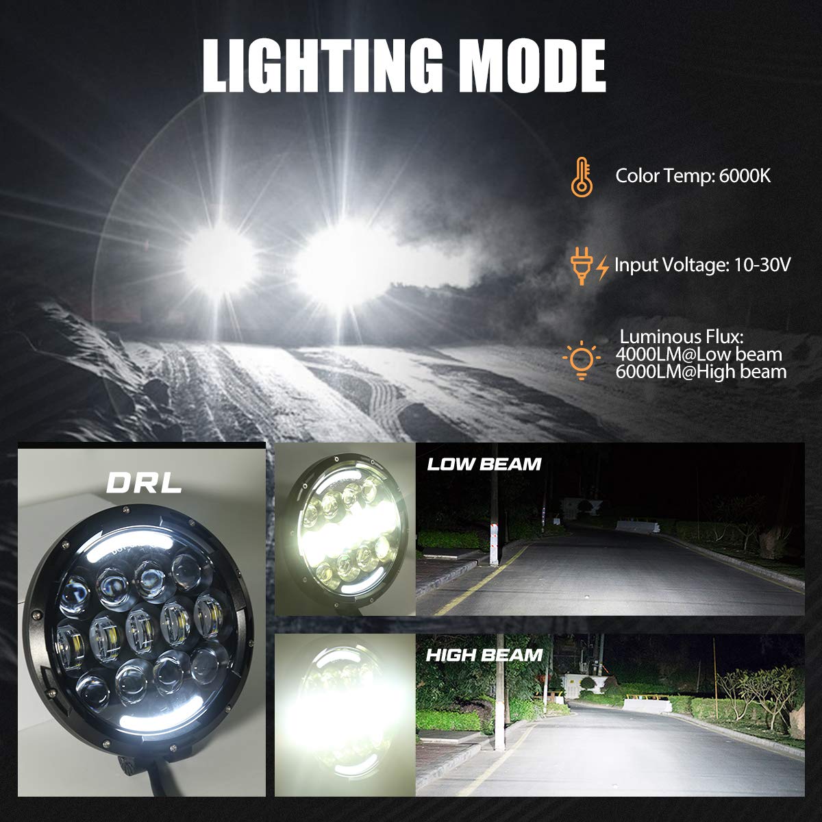 AUDEXEN 7 Inch Black LED Headlight & Round Work Lights for Trucks, ATVs, UTVs, Off-Road Vehicles - Waterproof, Durable, High Brightness for Night Driving, Camping, Hunting, and Outdoor Adventures