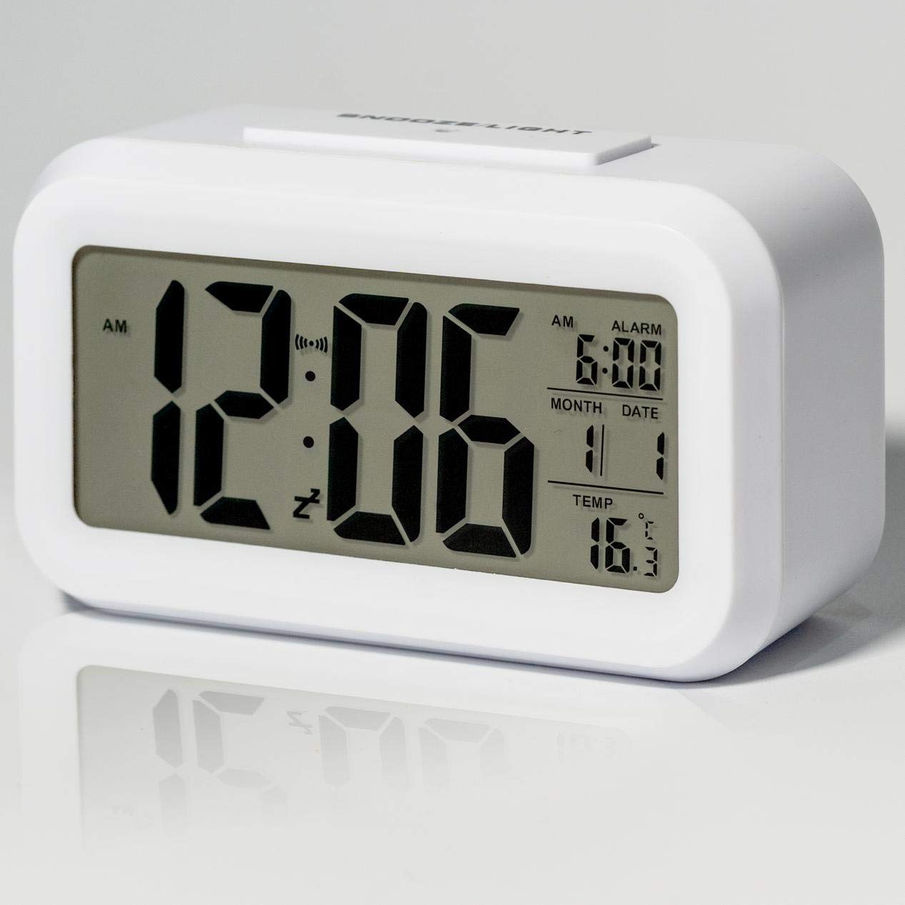 Battery Operated Alarm Clock with Smart Nightlight - Large Display Shows Time, Date & Indoor Temperature - Easy to Use Bedside Alarm Clock for Kids & Adults - Perfect for Bedrooms, Dorms & Nightstands (White)