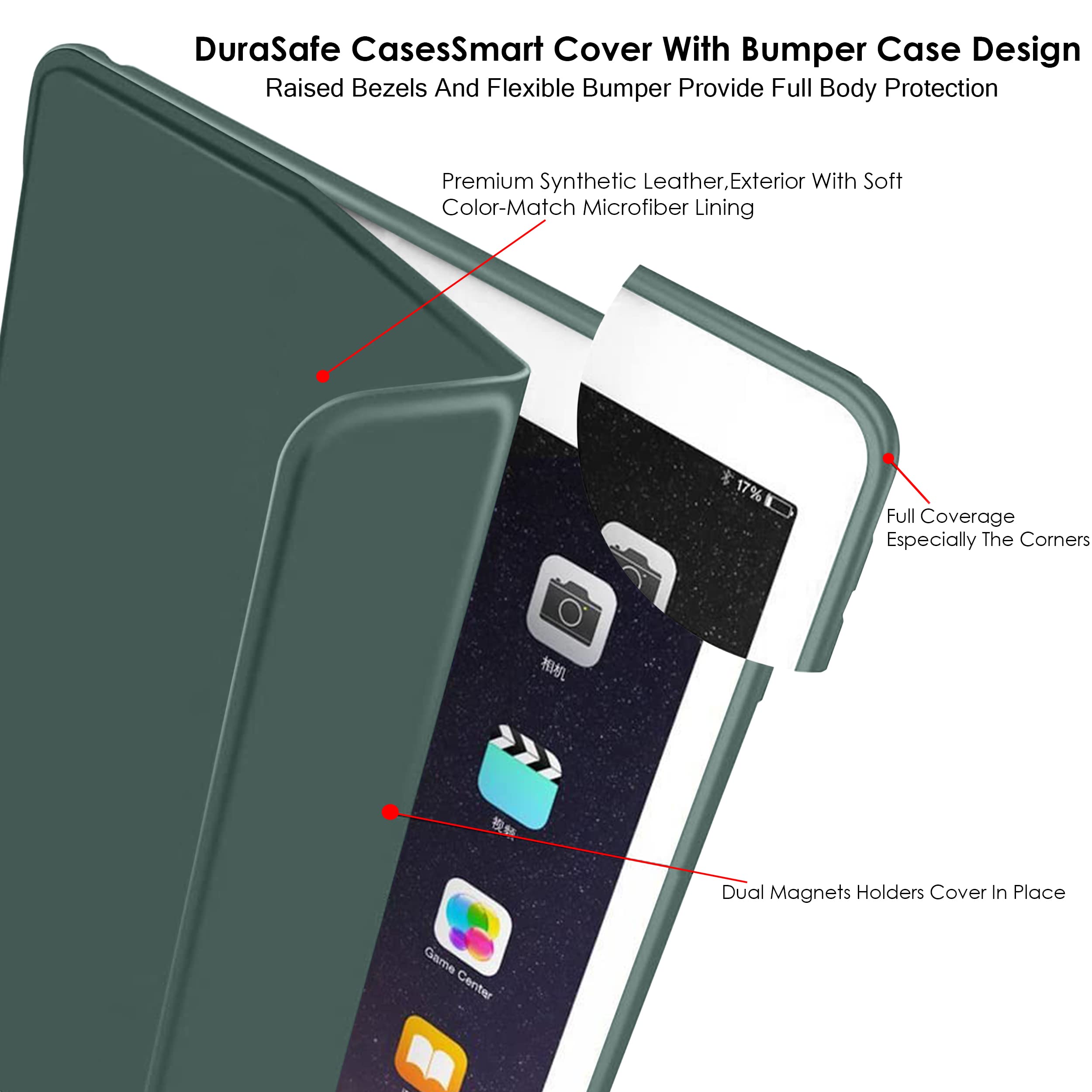 DuraSafe Shockproof Protective Case for iPad 5th/6th Gen & iPad Air 1st/2nd Gen (9.7 Inch) - Slim Soft TPU Full Body Cover with Auto Wake/Sleep (Model A1893 A1822 A1566) - Dark Green - Perfect for Work, Travel & School Use