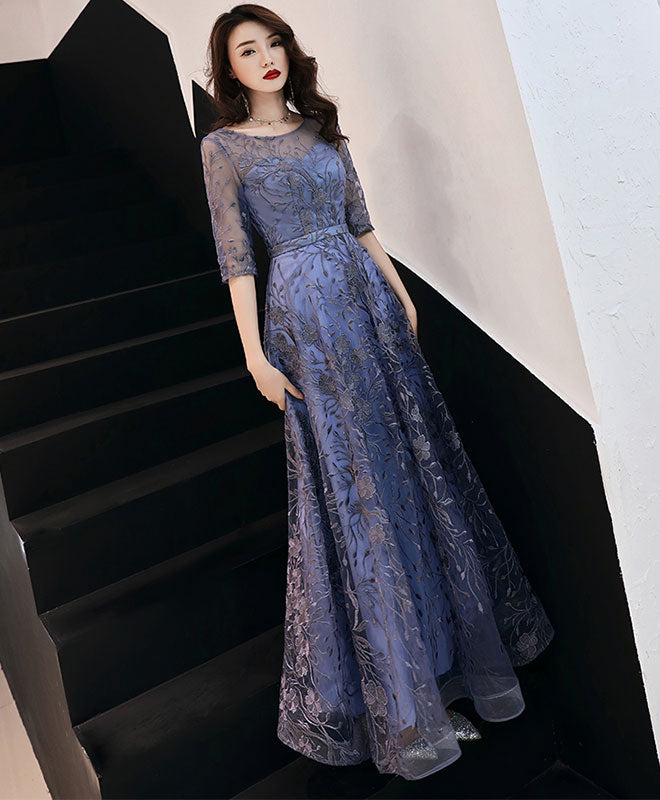 Elegant Blue Round Neck Tulle Lace Long Prom Dress for Women - Formal Evening Gown for Homecoming, Wedding, and Special Occasions